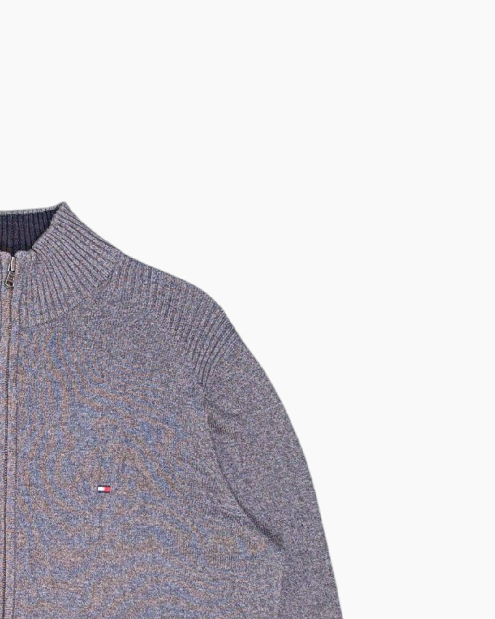 Front-detail-2 Pre-owned TOMMY HILFIGER Zip Cardigan Sweater – Gray Ribbed Logo