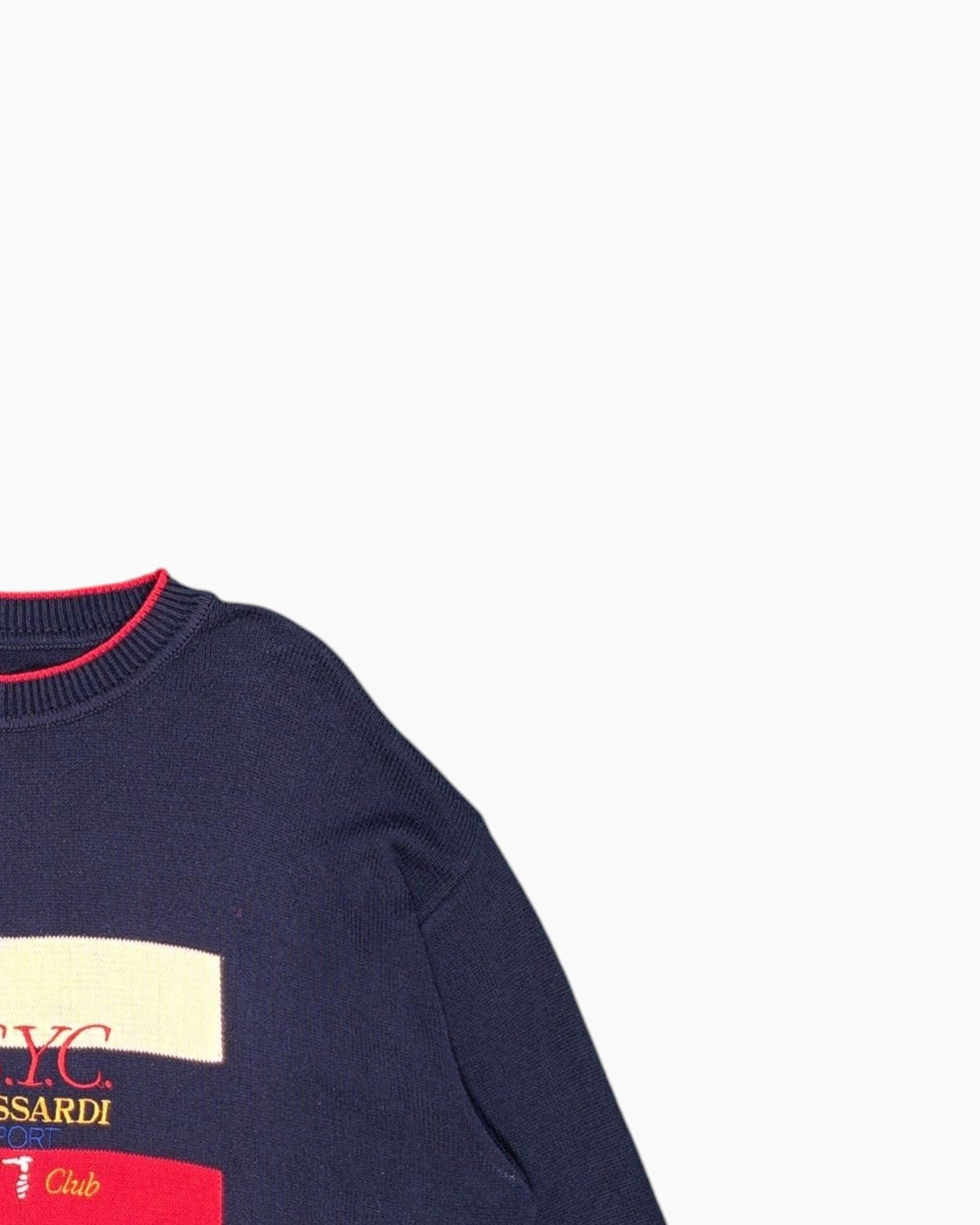 Front-detail-2 Vintage 90s Trussardi Pullover Sweater – Navy with Nautical Embroidery