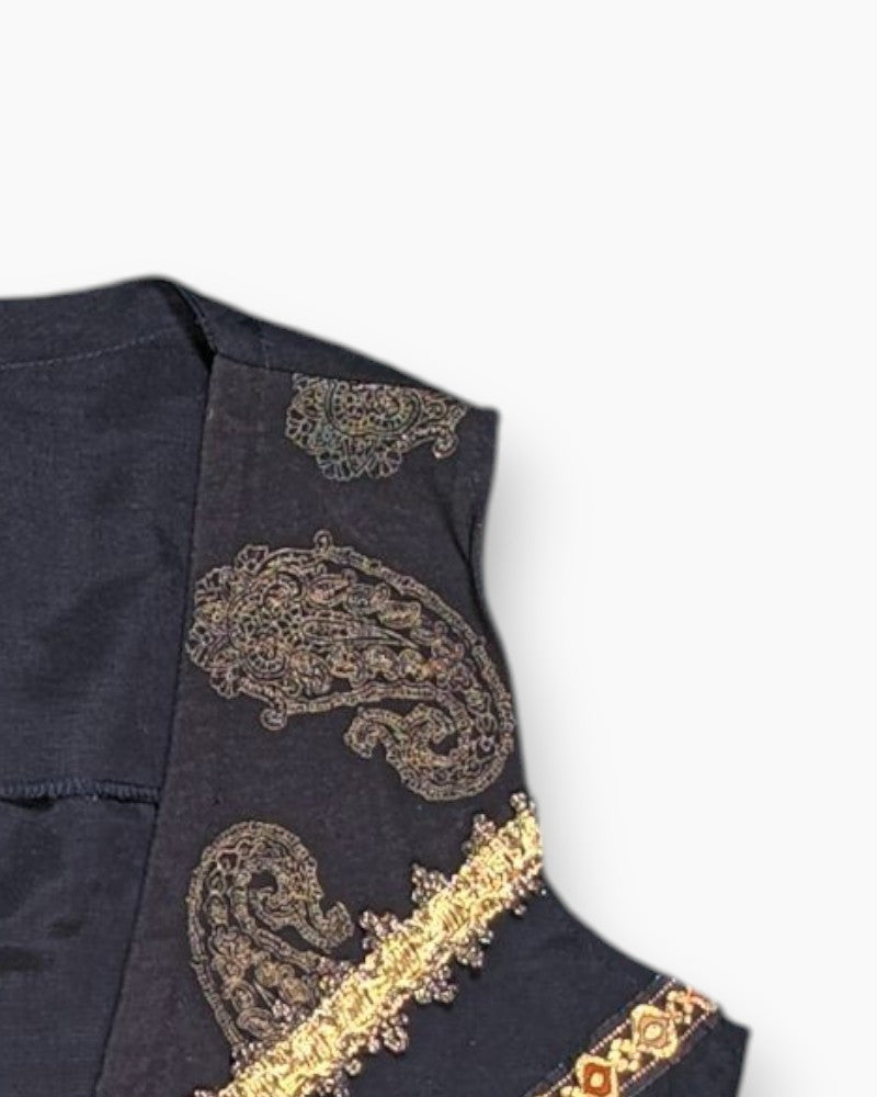 Front-detail-2 Vintage 80s/90s Unique Sleeveless Top – Black Baroque Trim