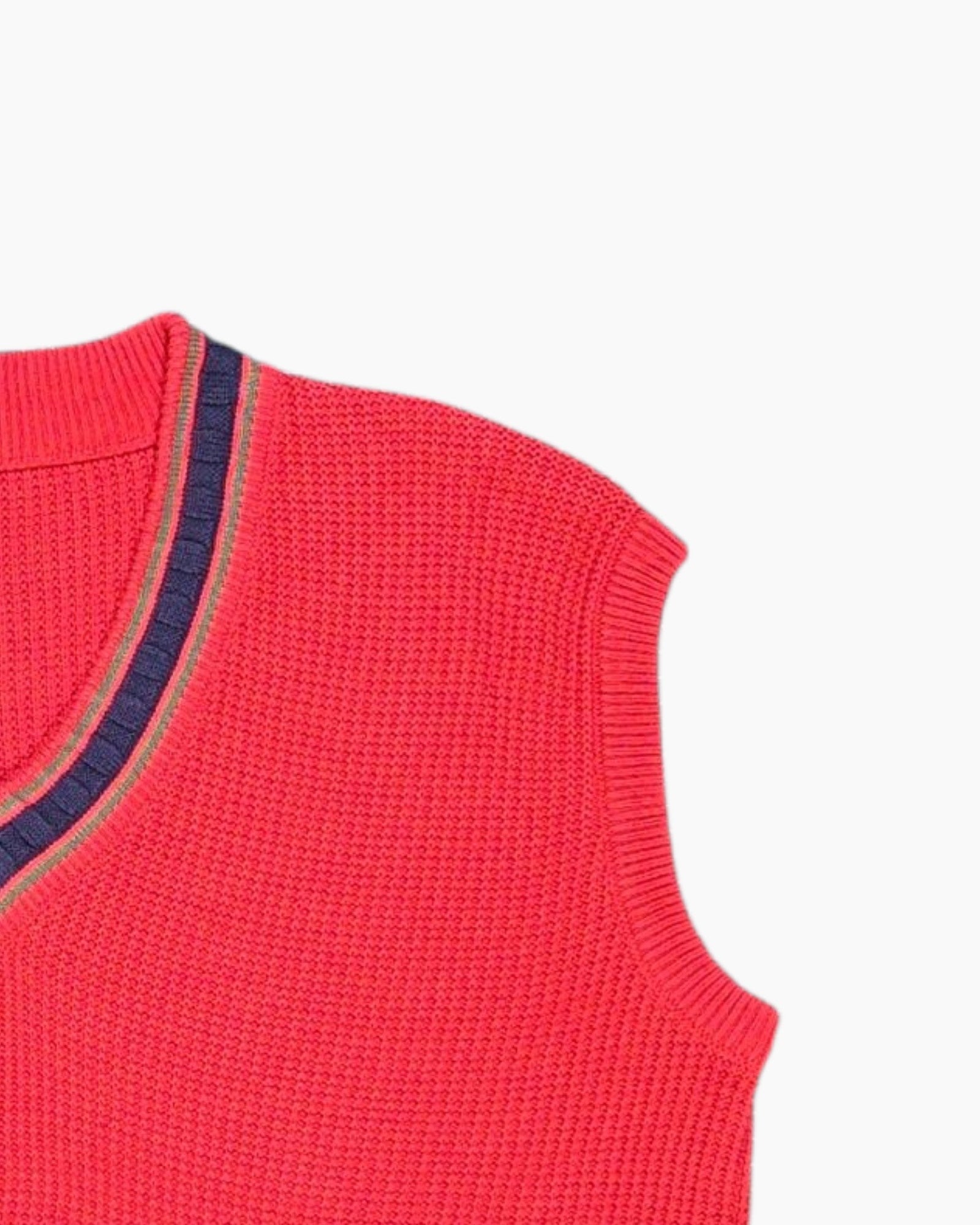 Front-detail-2 Vintage 80s/90s Unknown Knit Sweater Vest – Red Cricket Stripe