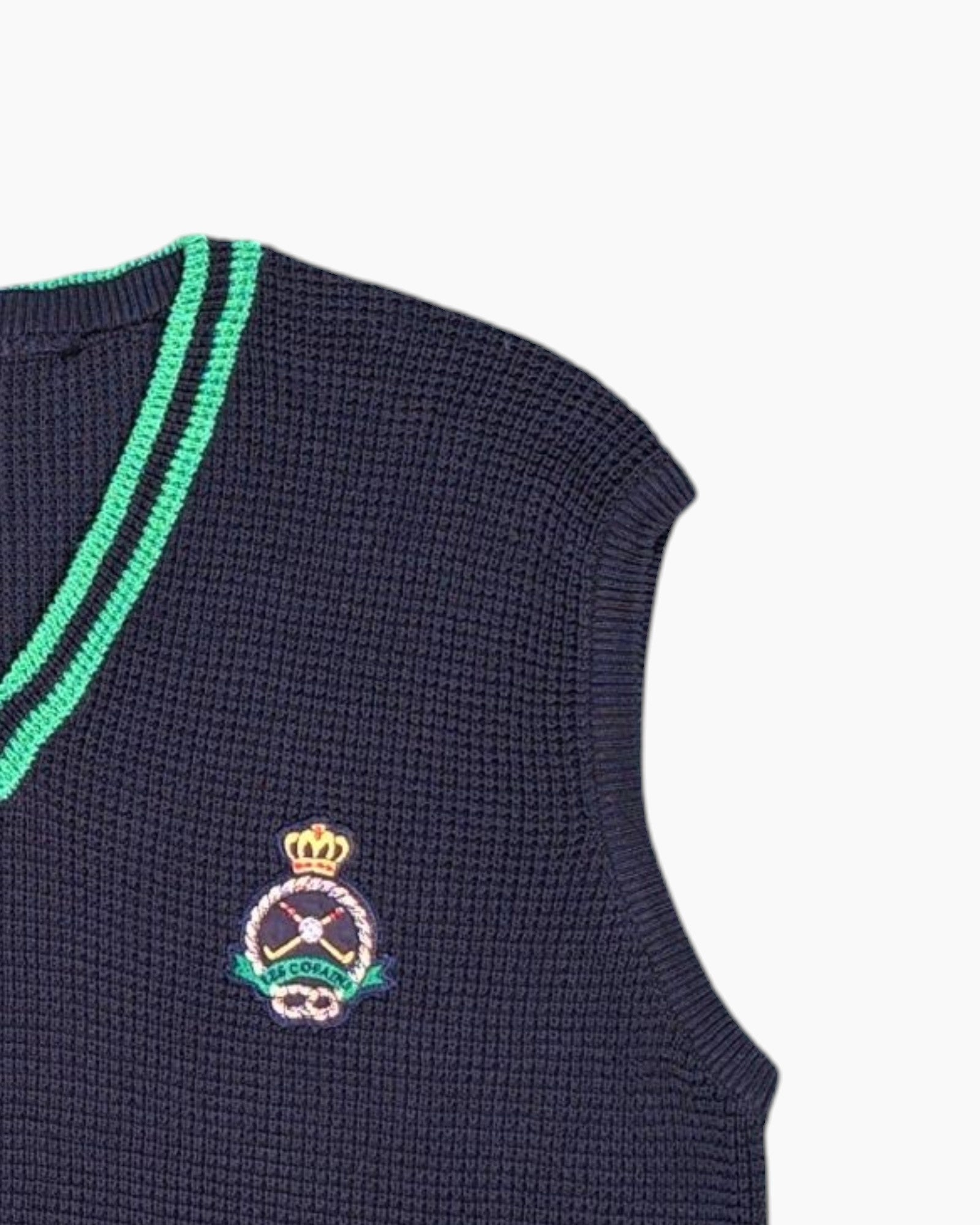 Front-detail-2 Vintage 80s/90s Unknown Knit Vest – Navy with Striped Trim