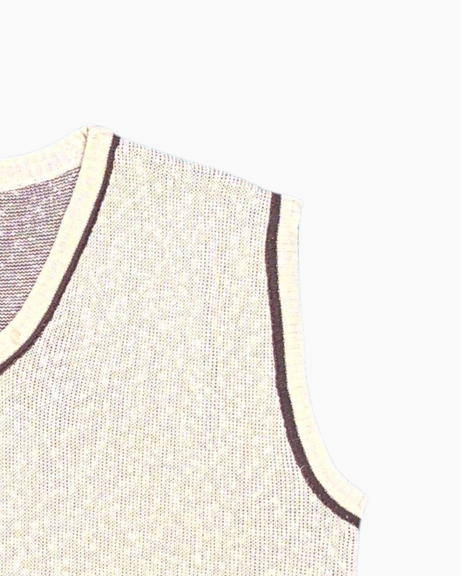 Front-detail-2 Vintage 70s Knit Vest – Cream Striped Trim (Preloved, US XL)