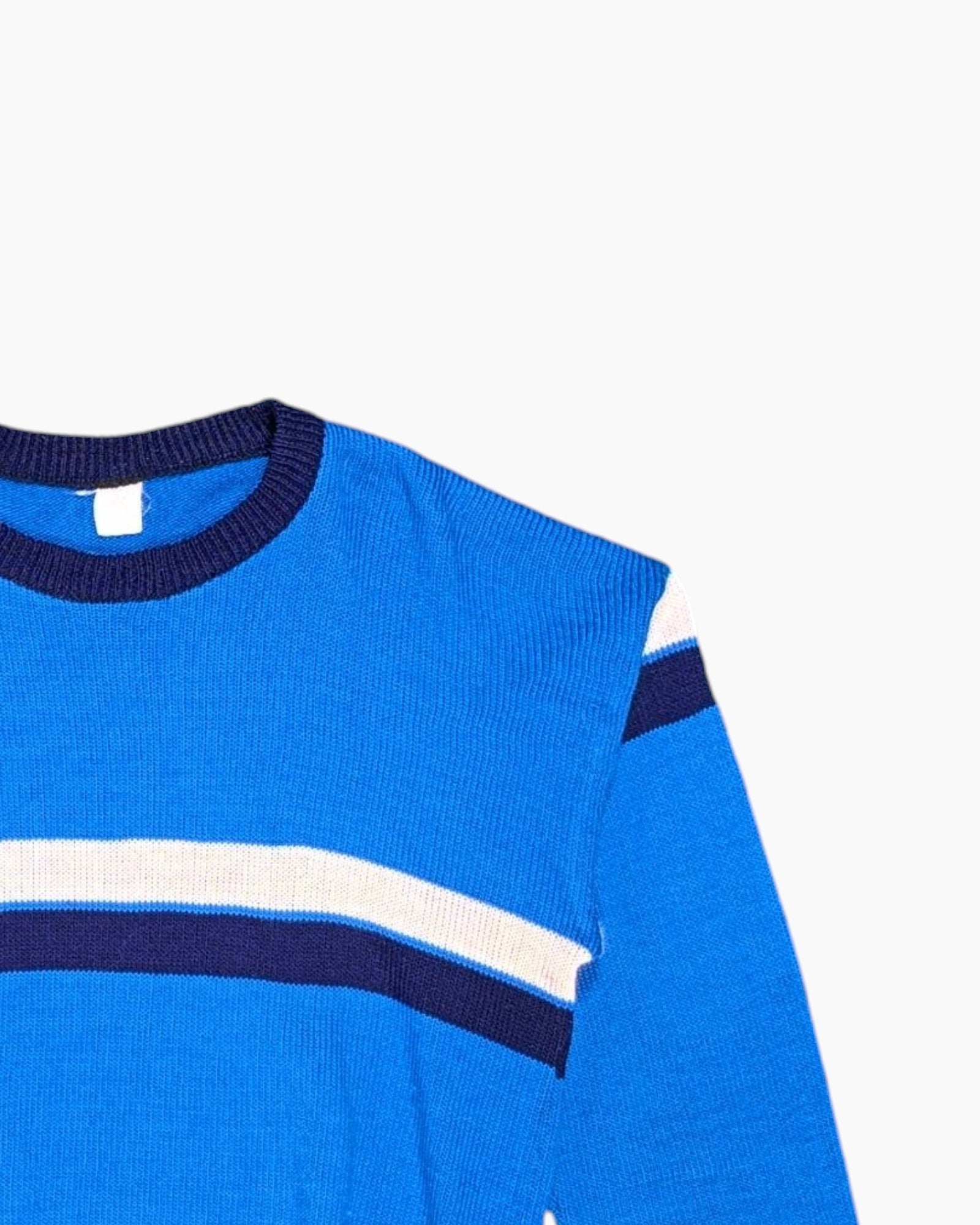 Front-detail-2 Vintage 70s/80s Unknown Pullover Sweater – Cobalt Blue Varsity Stripes