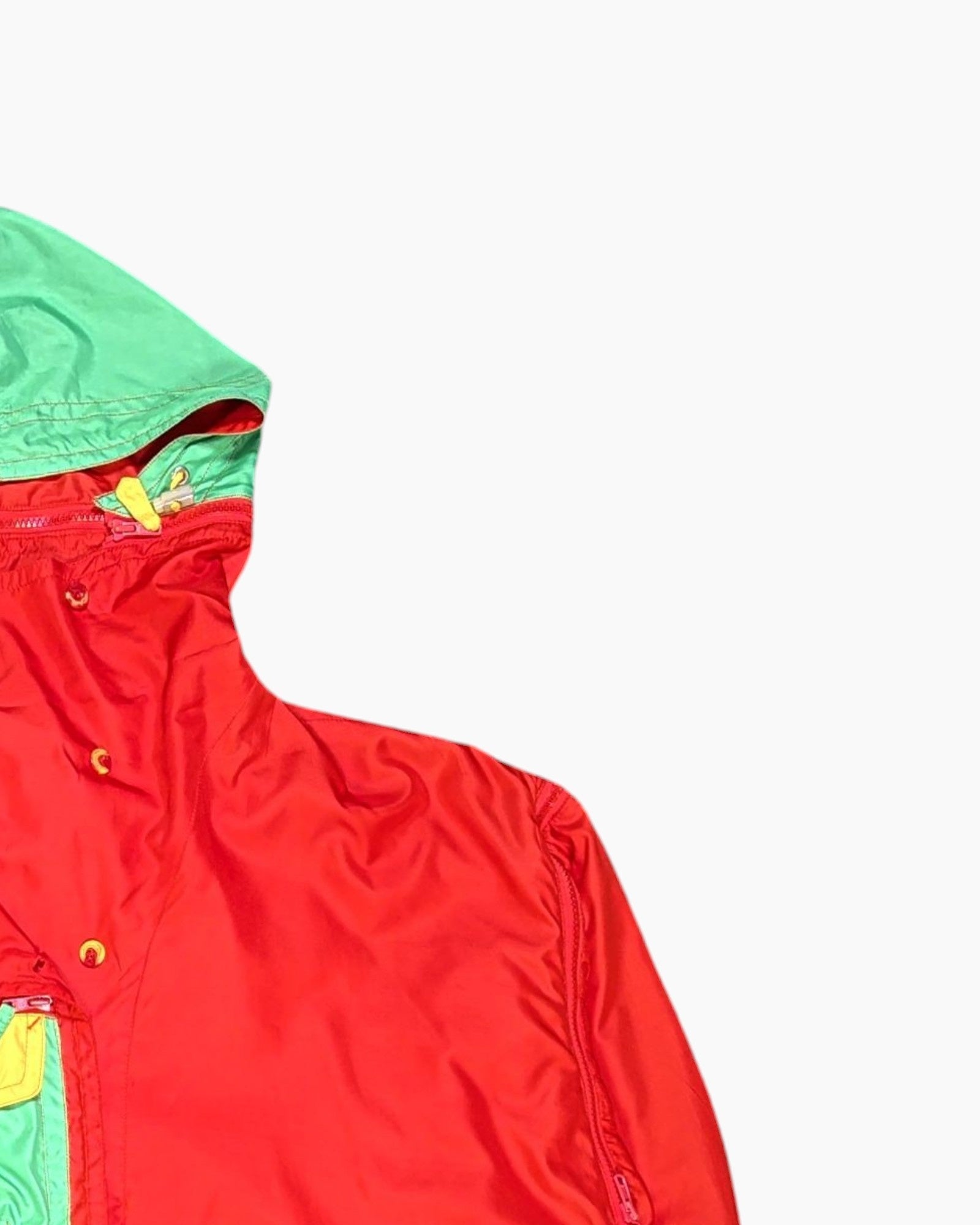 Front-detail-2 Vintage 80s/90s Unknown Windbreaker Jacket – Red Neon Colorblock