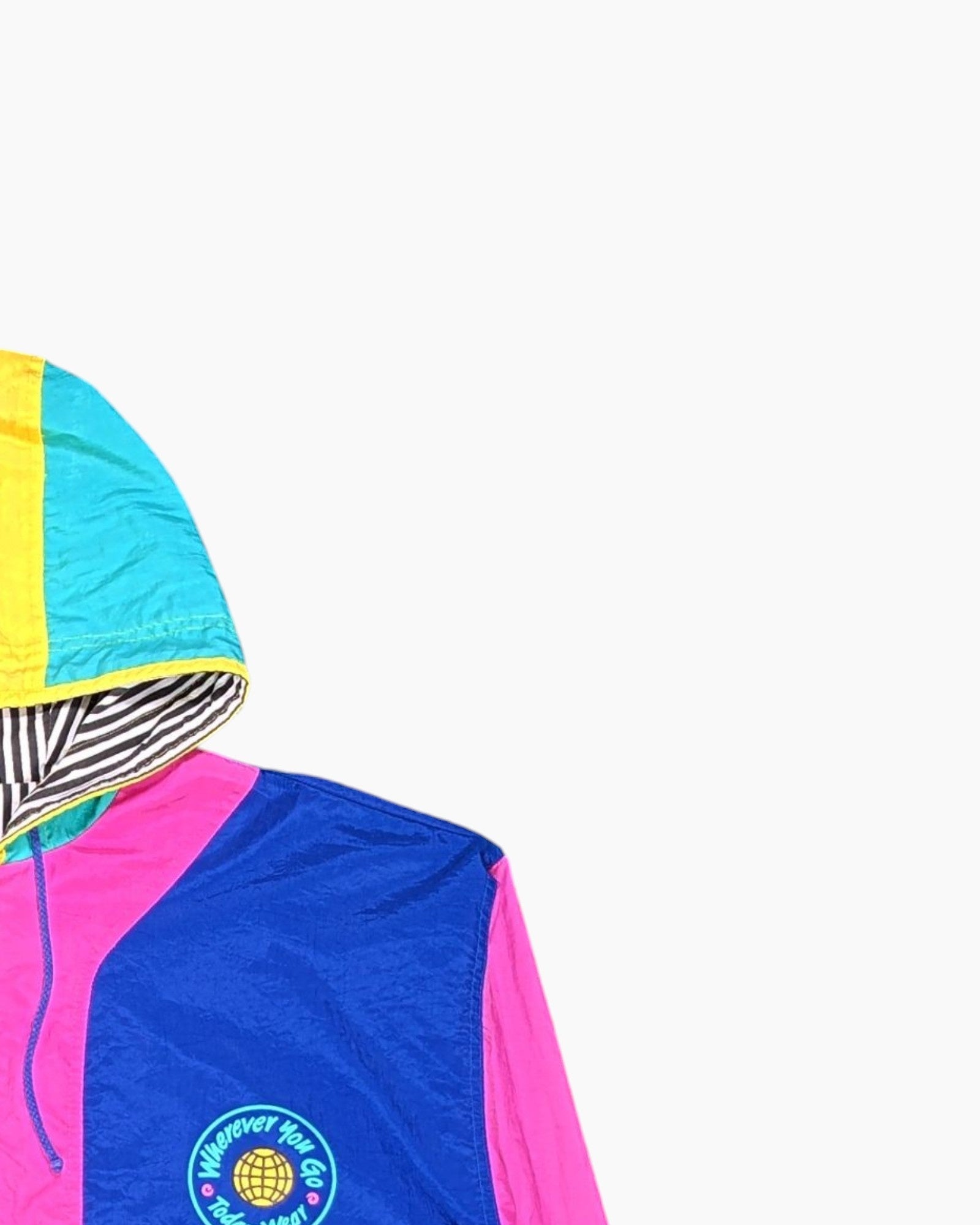 Front-detail-2 Vintage 80s/90s Unknown Windbreaker Jacket – Multicolor Neon Globe Graphic