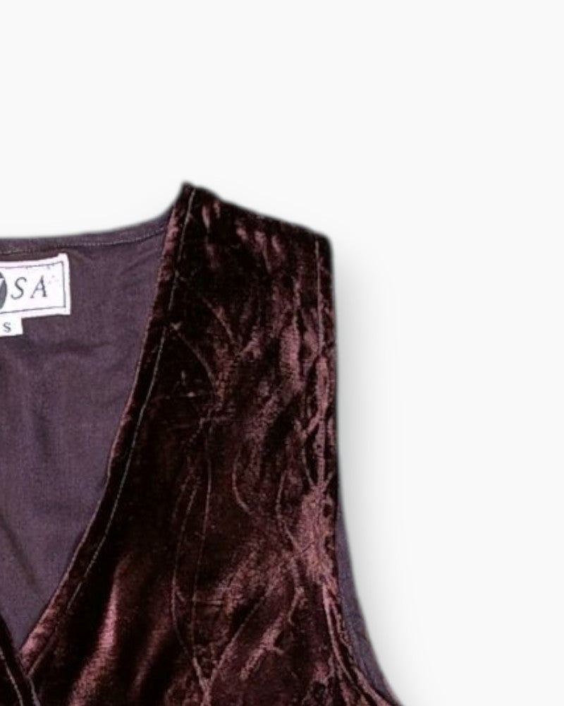Front-detail-2 Vintage 90s VASA Vest – Brown Crushed Viscose Velvet