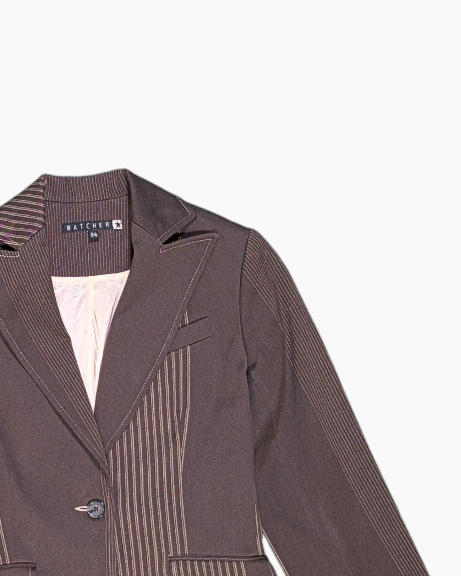 Front Detail 2 Vintage Y2K WATCHER Blazer – Brown Pinstripe (Preloved)
