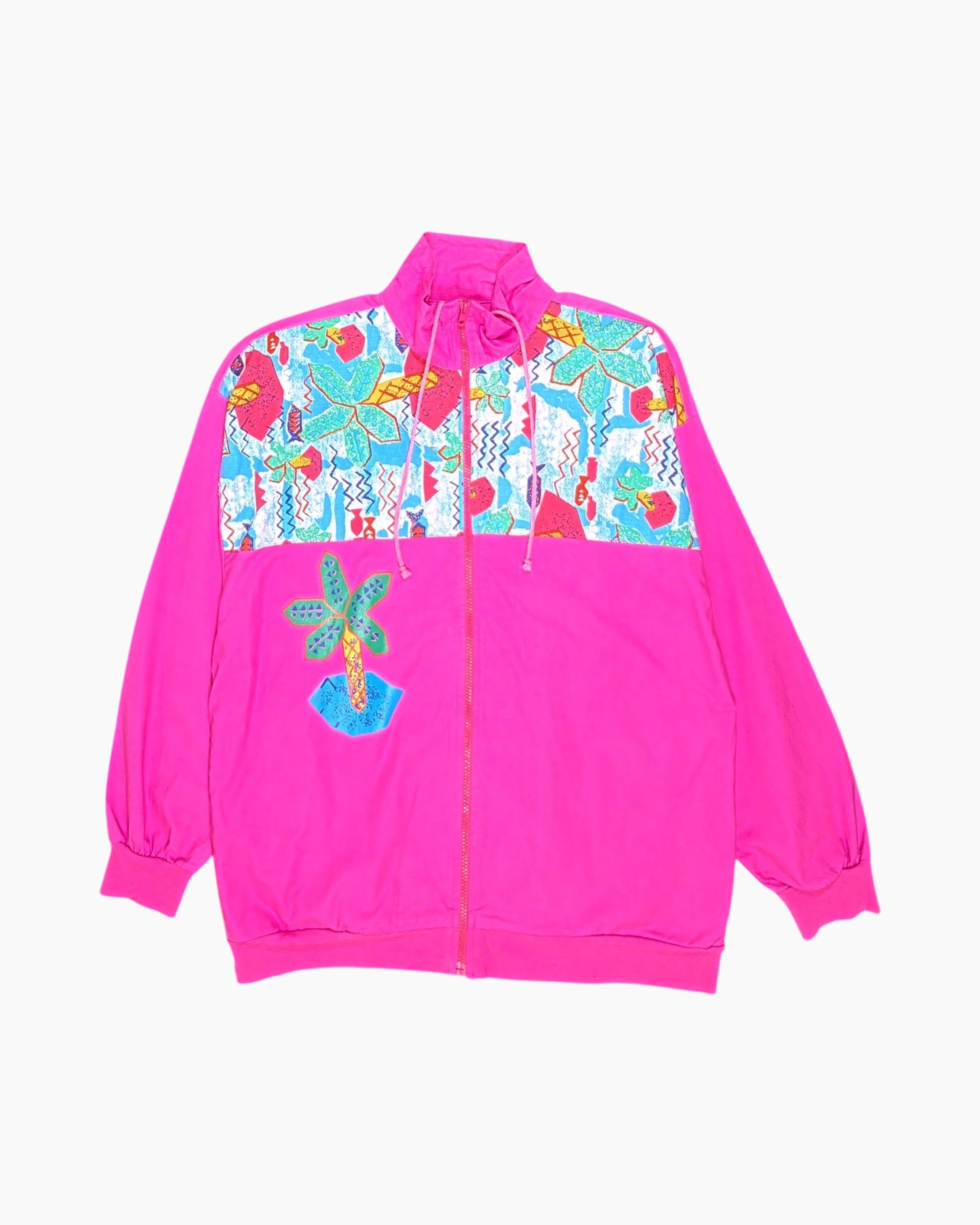 Front Vintage 80s/90s DINLAUCH Hooded Zip-Up Jacket – Neon Pink Geometric Print