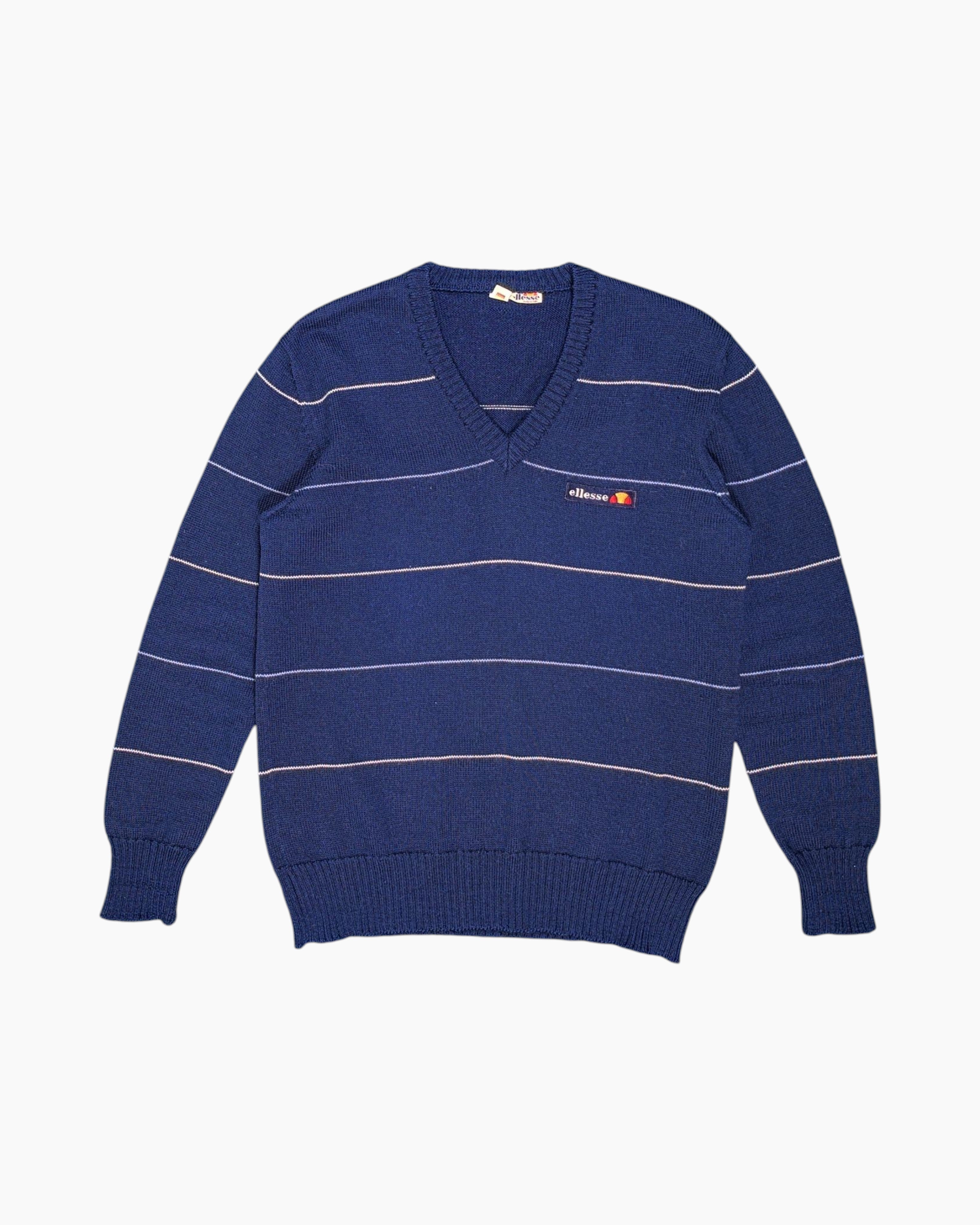 Front Vintage 80s/90s ellesse Pullover Sweater – Navy Pinstripes