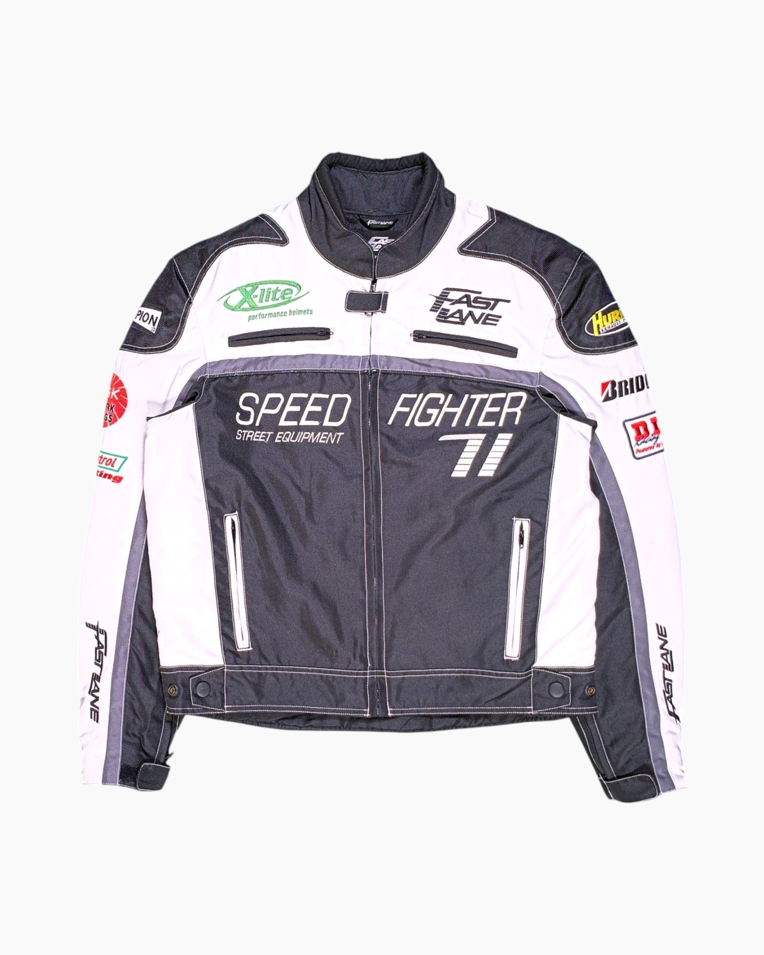 Front Vintage 2000s FAST LANE Motorcycle Jacket – Black Race Graphics