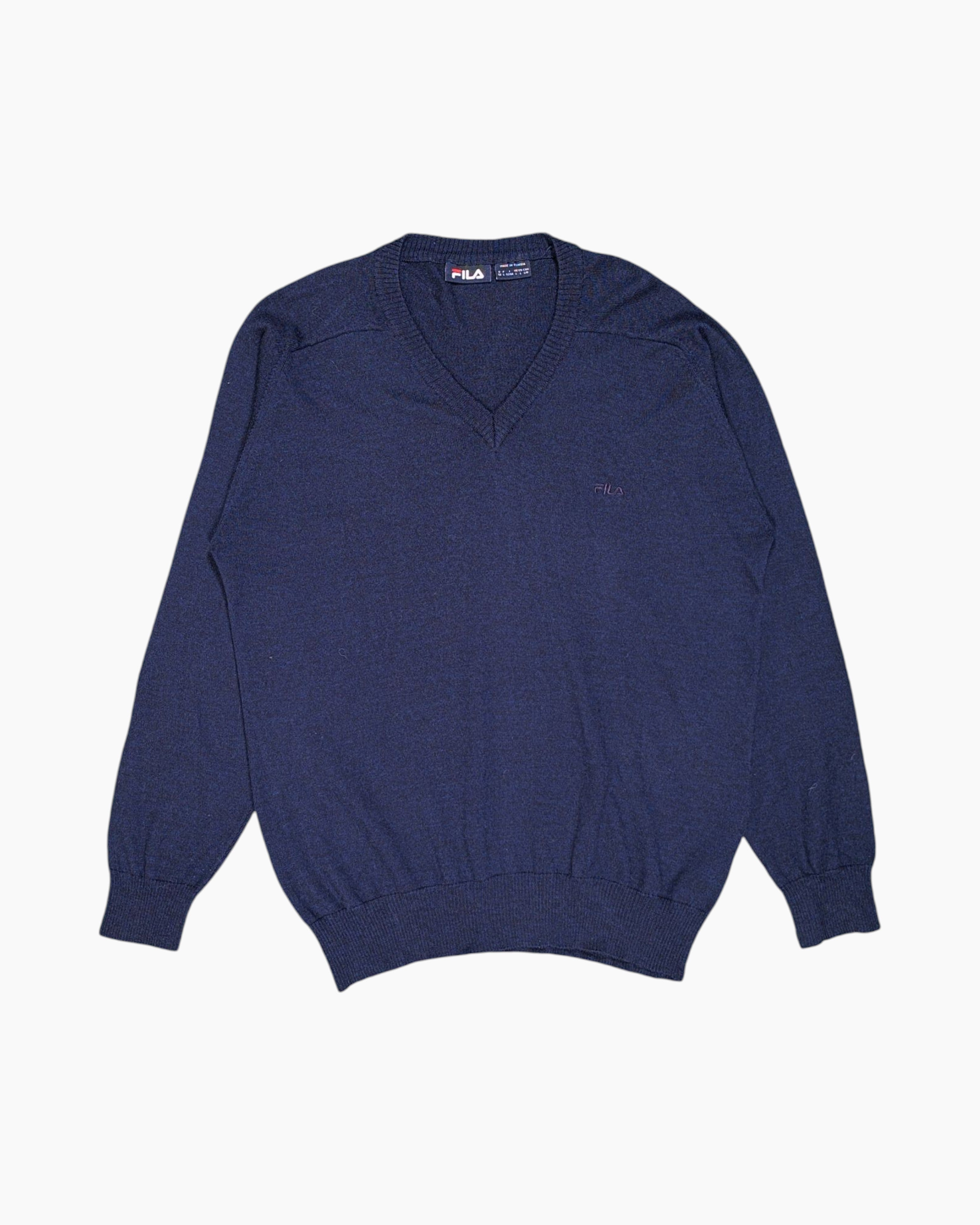 Front Pre-owned FILA Pullover Sweater – Navy V-neck with Embroidered Logo