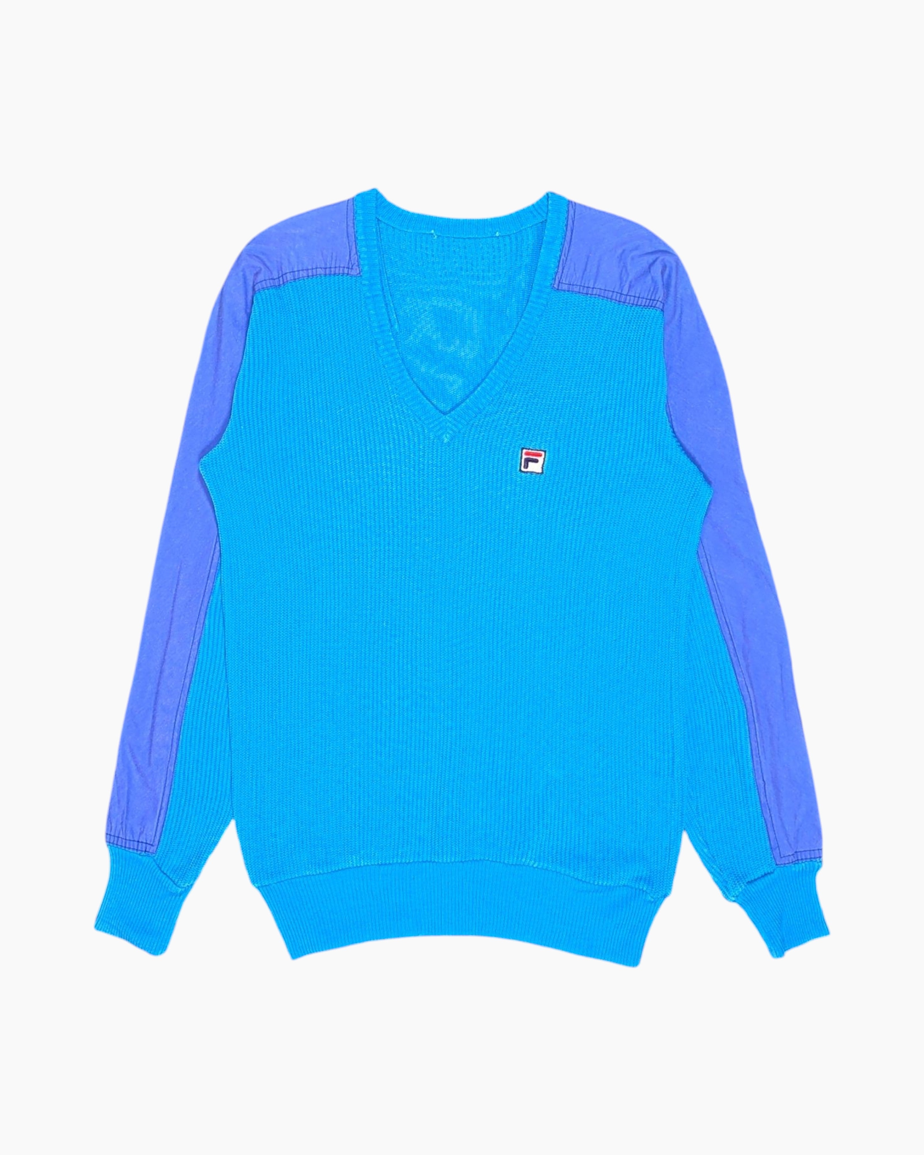 Front Vintage 80s/90s FILA Pullover Sweater – Blue Colorblock V-neck