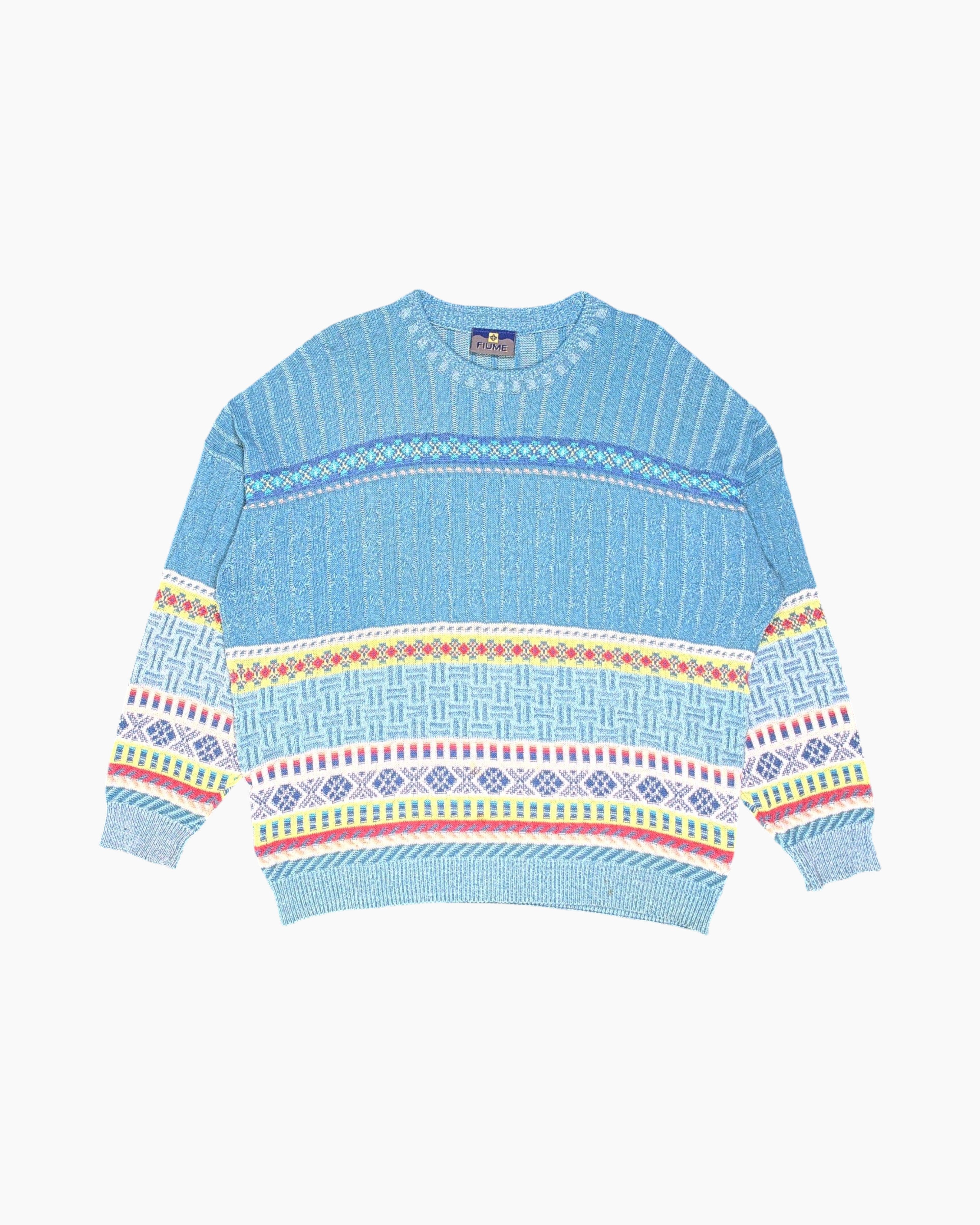 Front Vintage 80s/90s FIUME Pullover Sweater – Blue Fair Isle Bands