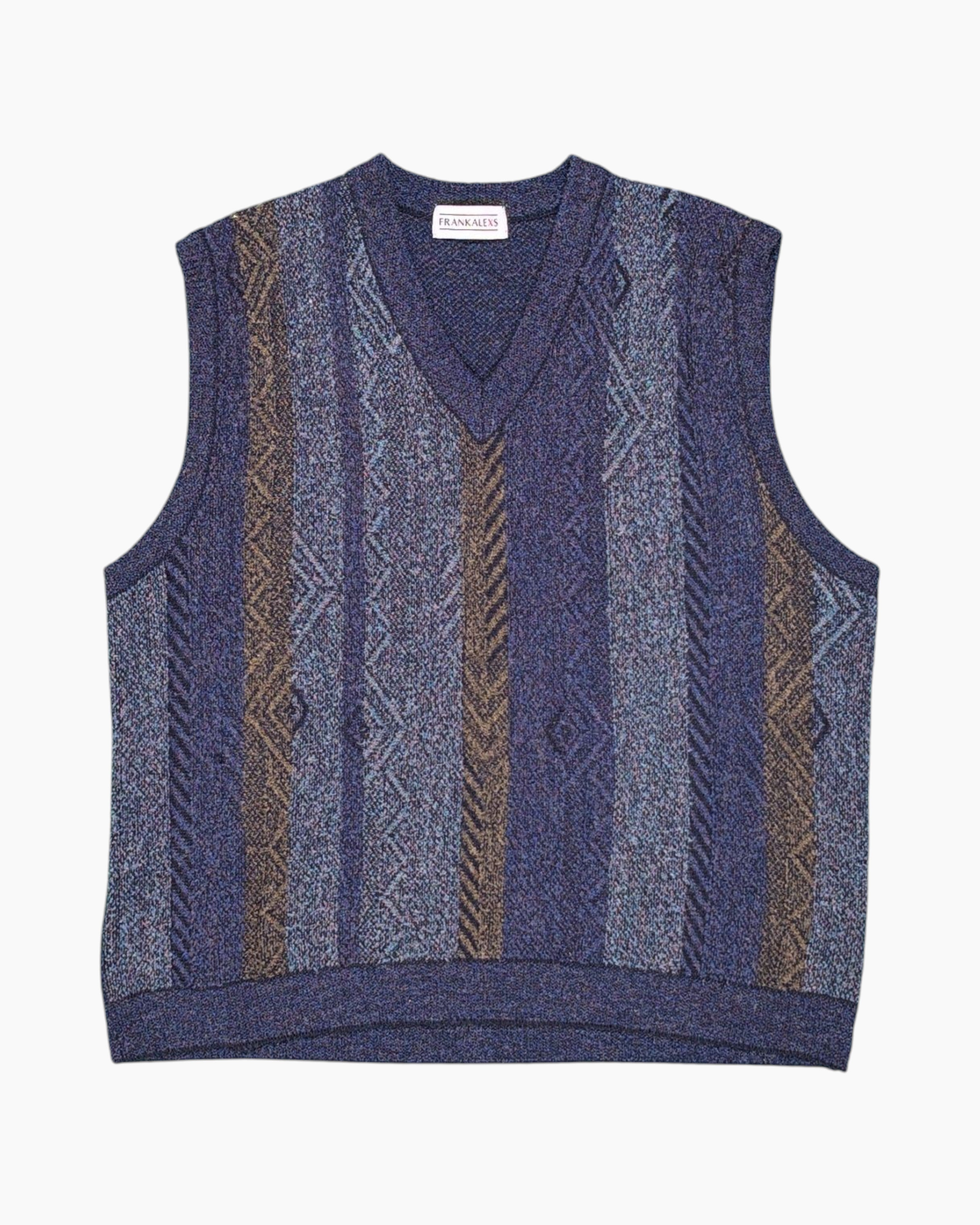 Front Vintage 80s/90s FRANKALEXS Pullover Sweater Vest – Blue Jacquard Chevron