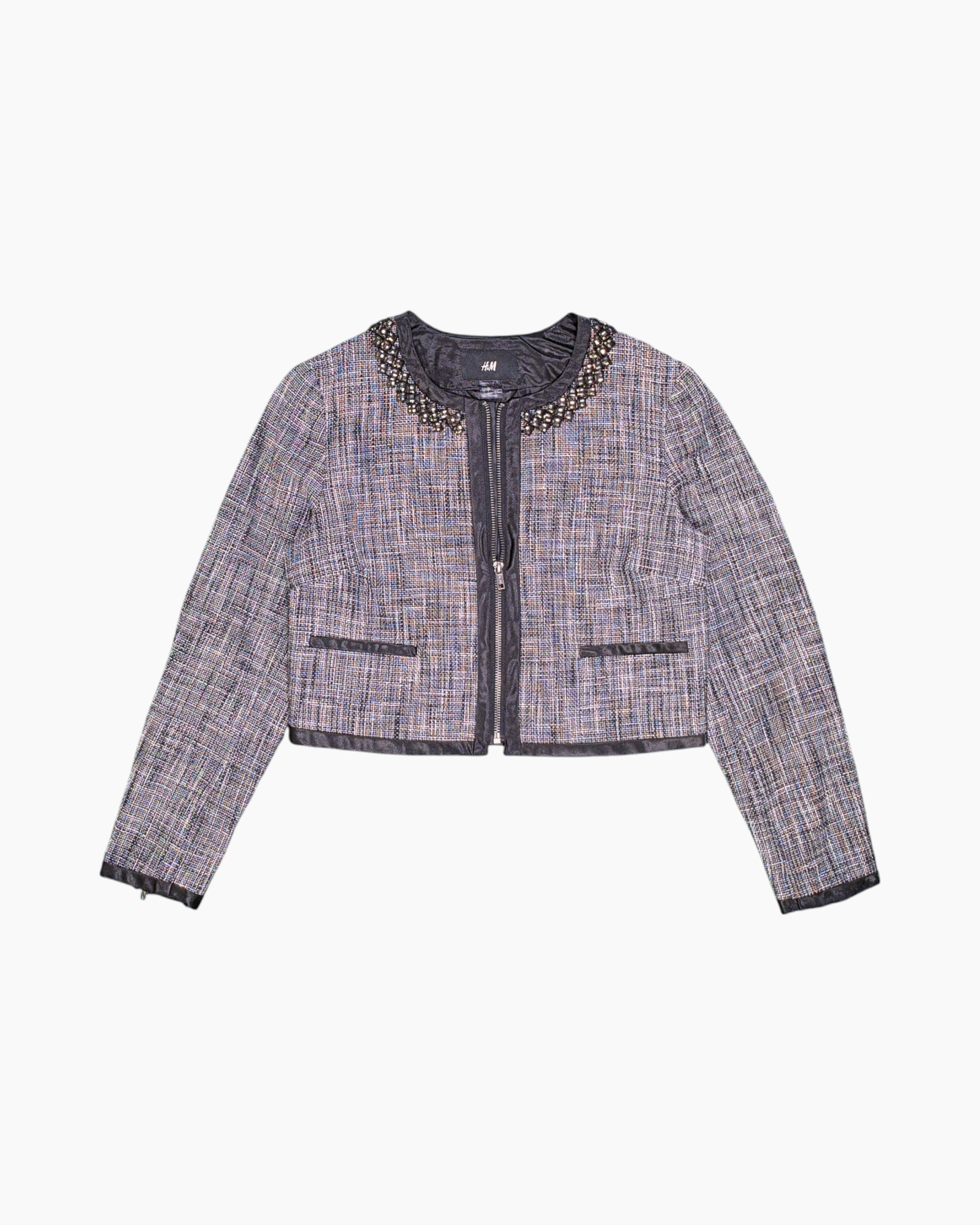 Front Pre-owned H&M Cropped Tweed Jacket – Multicolor Beaded Neckline