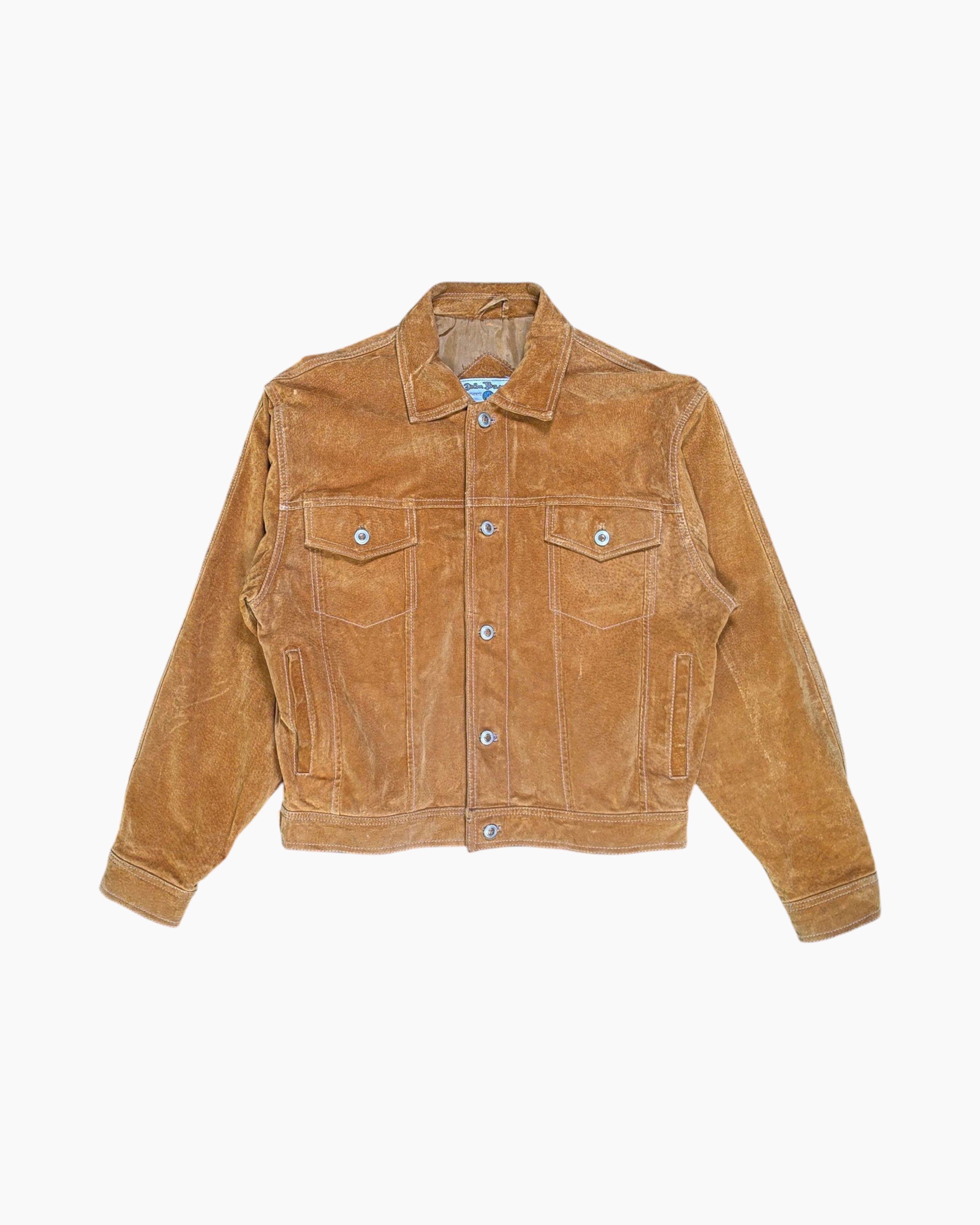 Front Vintage 90s John Baner Suede Trucker Jacket – Brown Boxy Cropped Fit