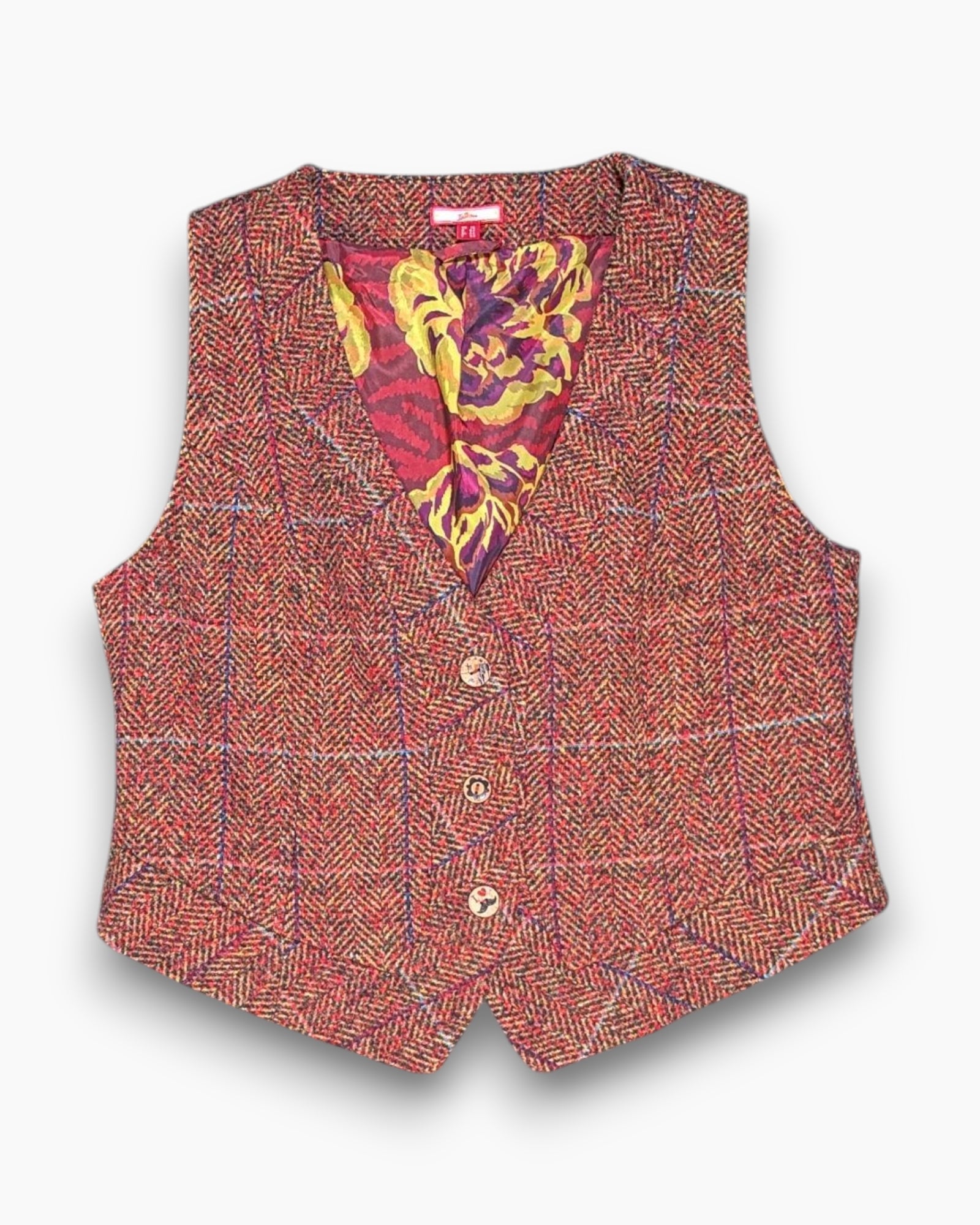 Front Pre-owned Jon Browns Vest – Multicolor Floral Satin Lining