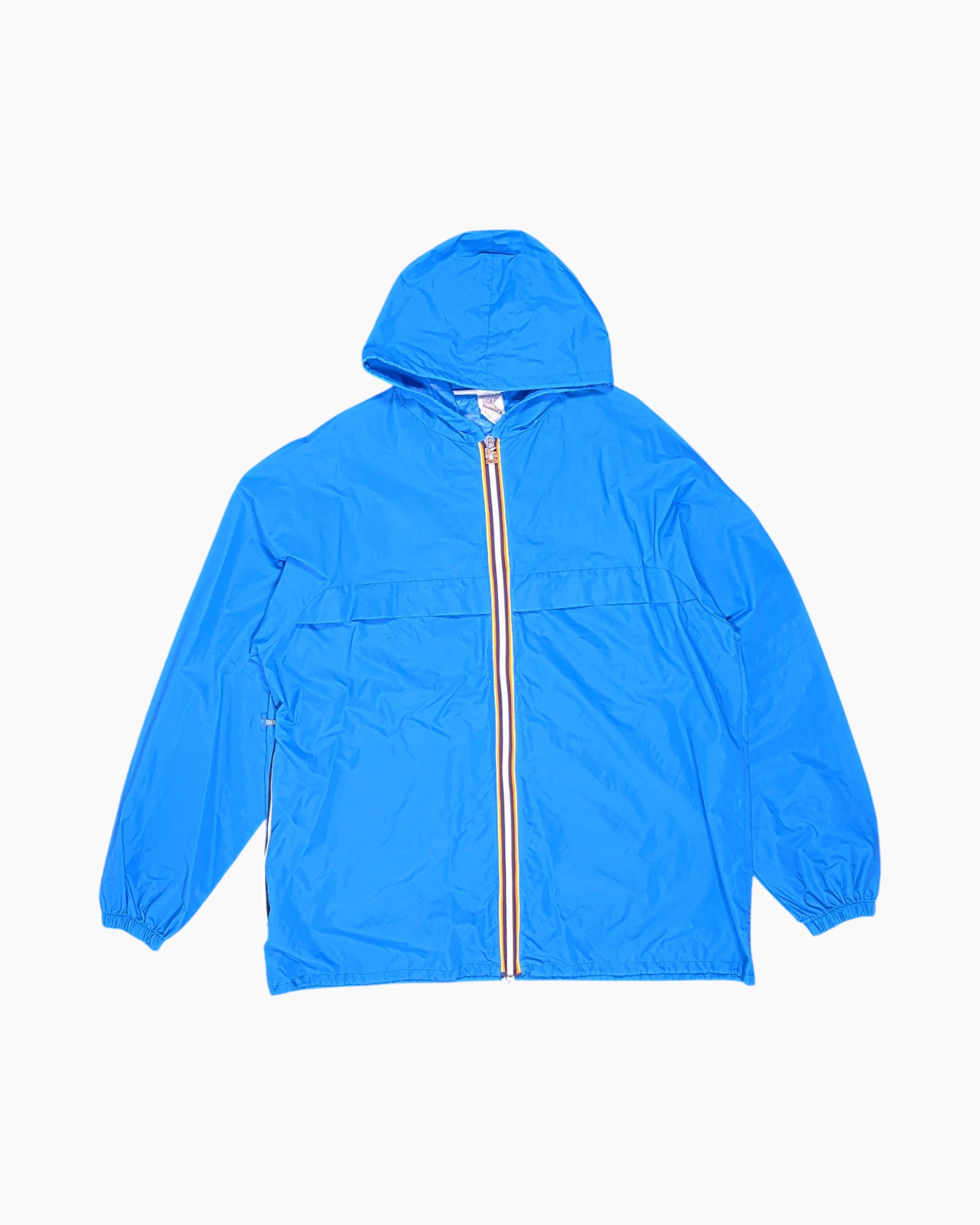 Front Vintage 70s/80s K-WAY Packable Windbreaker Jacket – Blue striped zipper tape