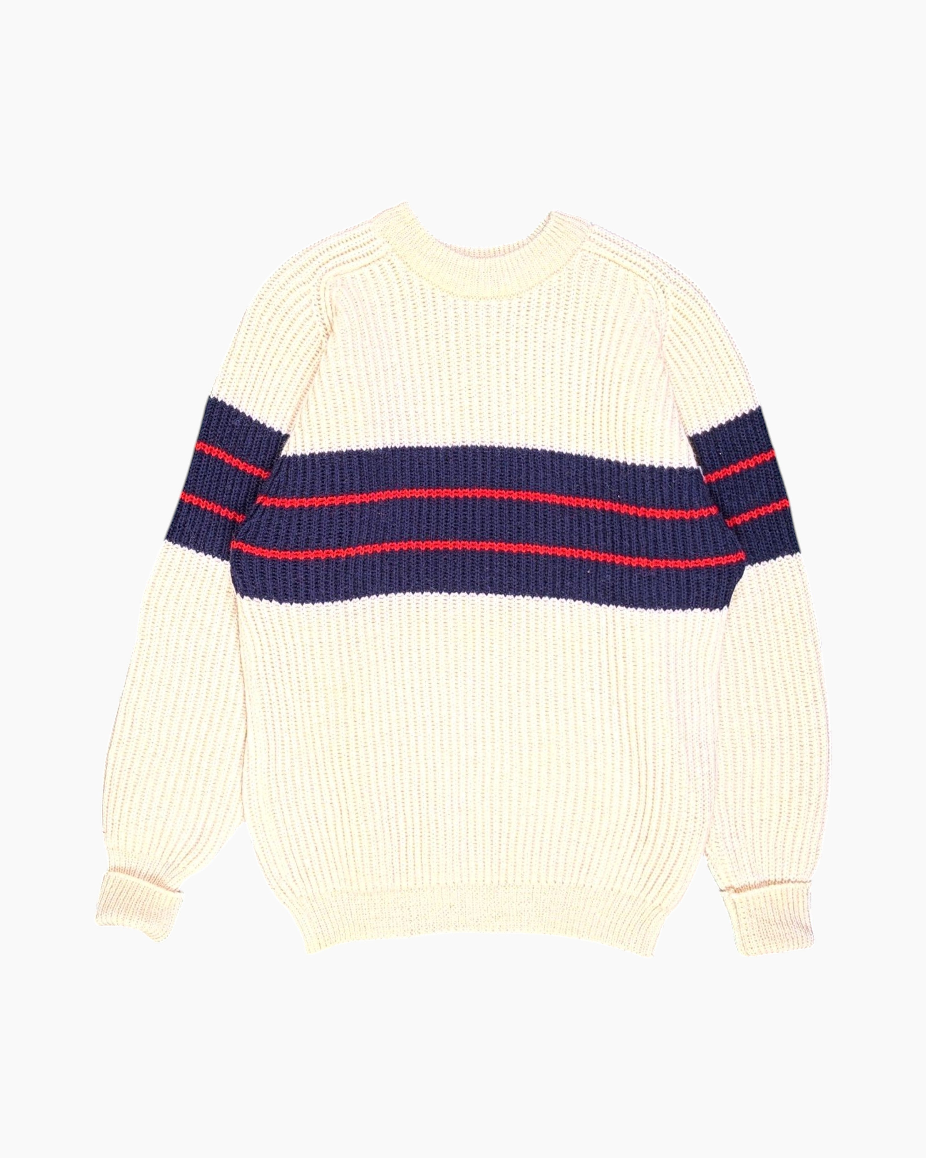 Front Vintage 80s/90s Kappa Sport Pullover Sweater – Cream with Navy/Red Stripes