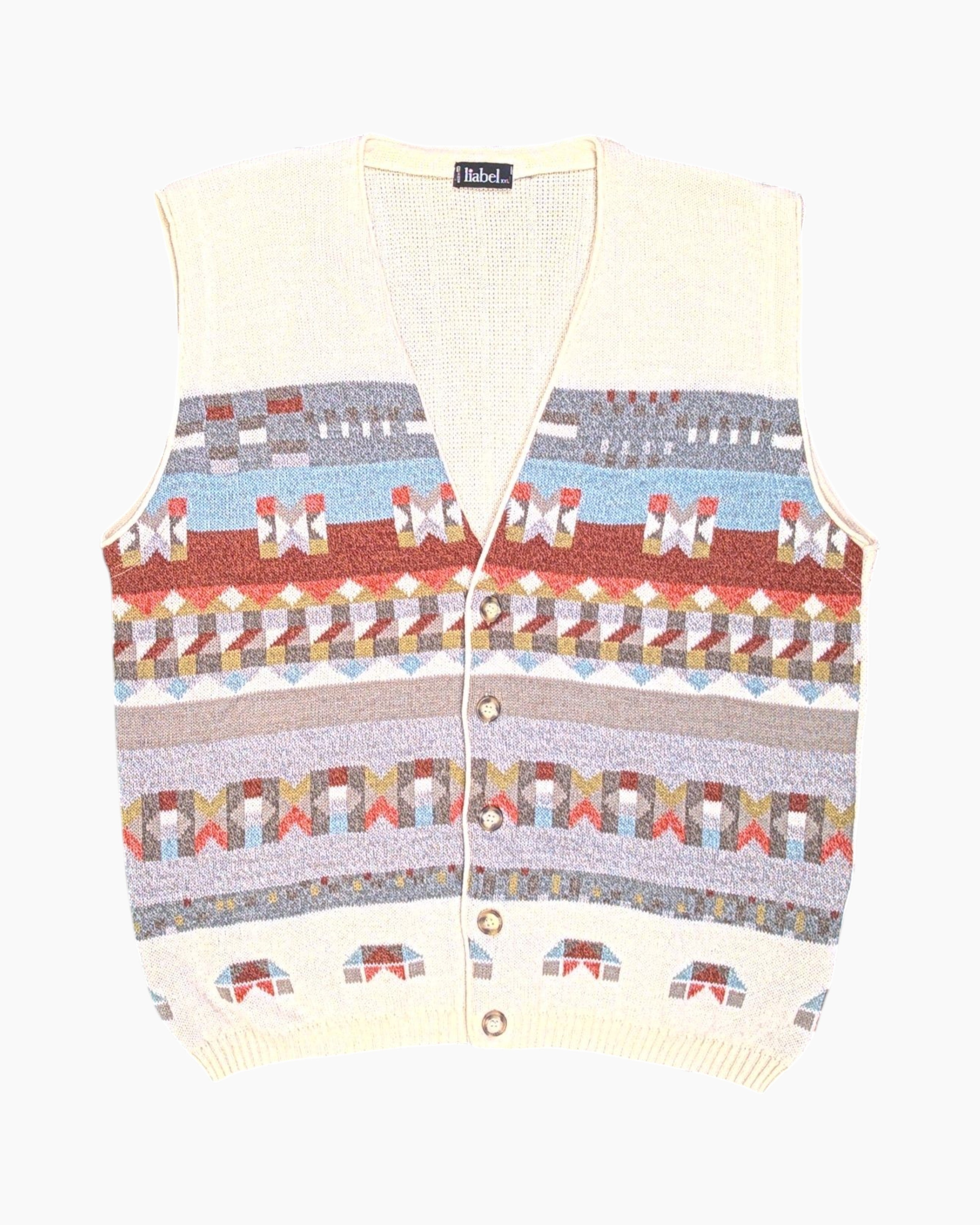 Front Vintage 80s/90s label Button-Front Knit Vest – Multicolor Geometric
