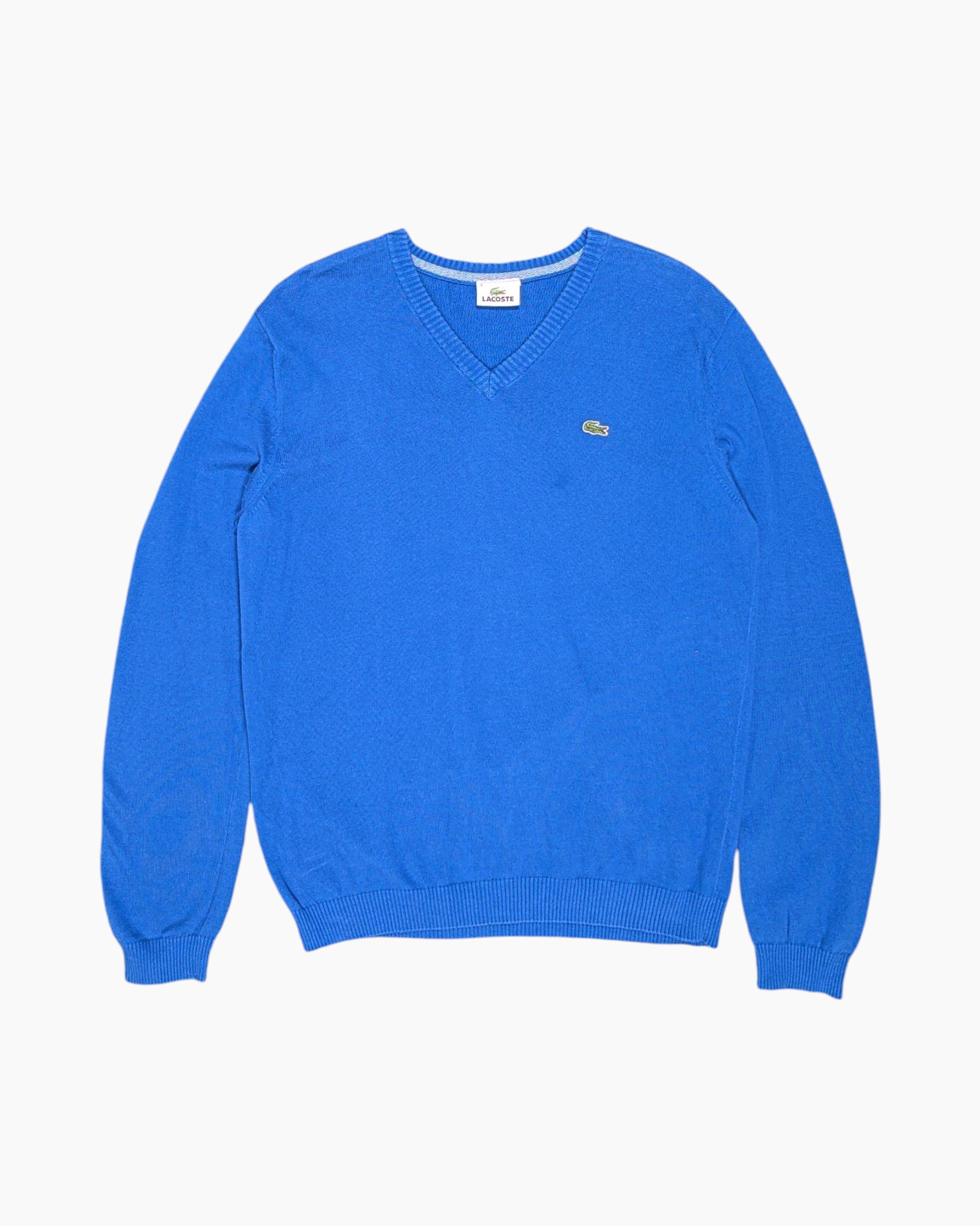 Front Vintage 90s/2000s LACOSTE Pullover Sweater – Blue V‑neck with Crocodile