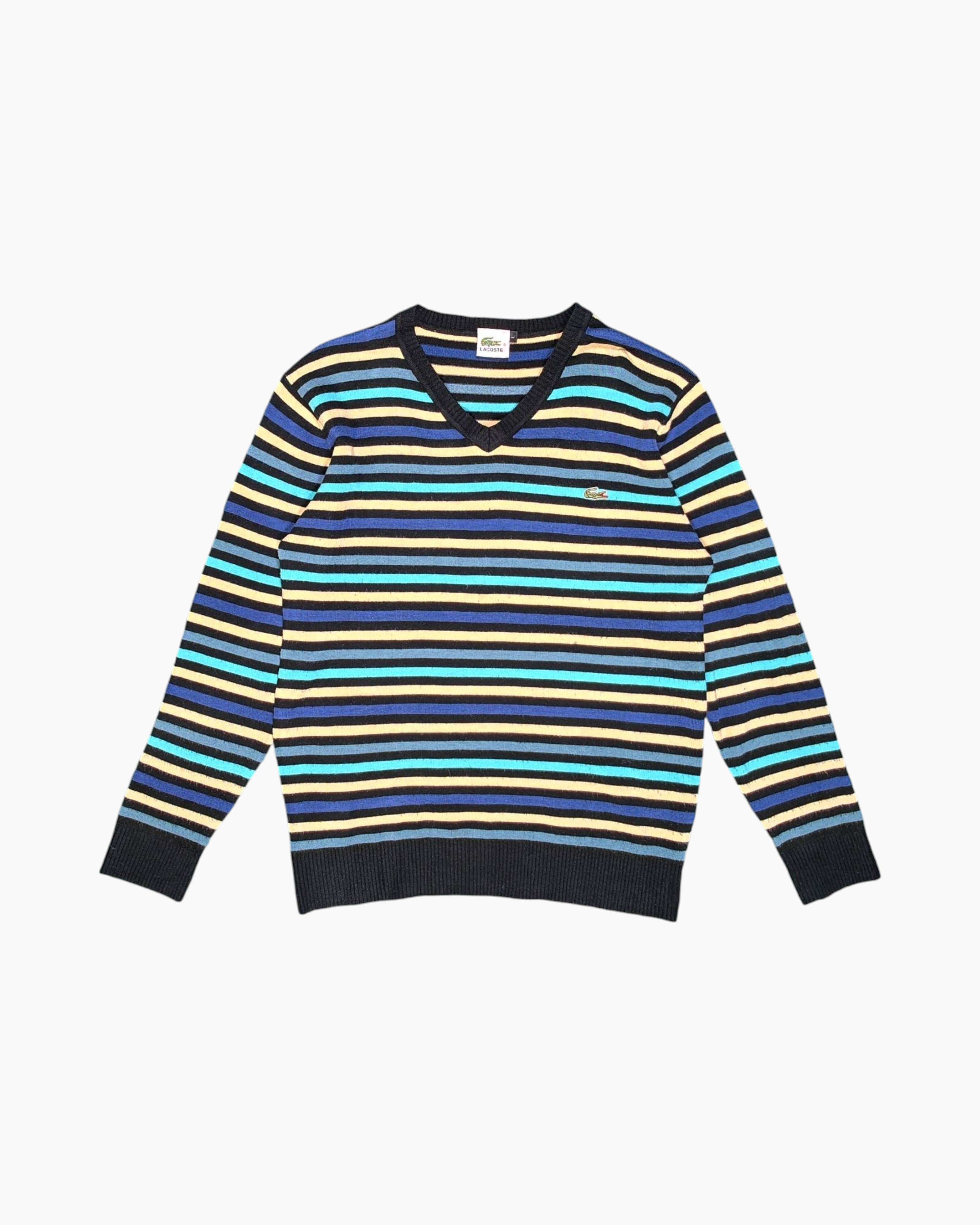 Front Vintage 90s/2000s LACOSTE Pullover Sweater – Striped V‑neck (Preloved)