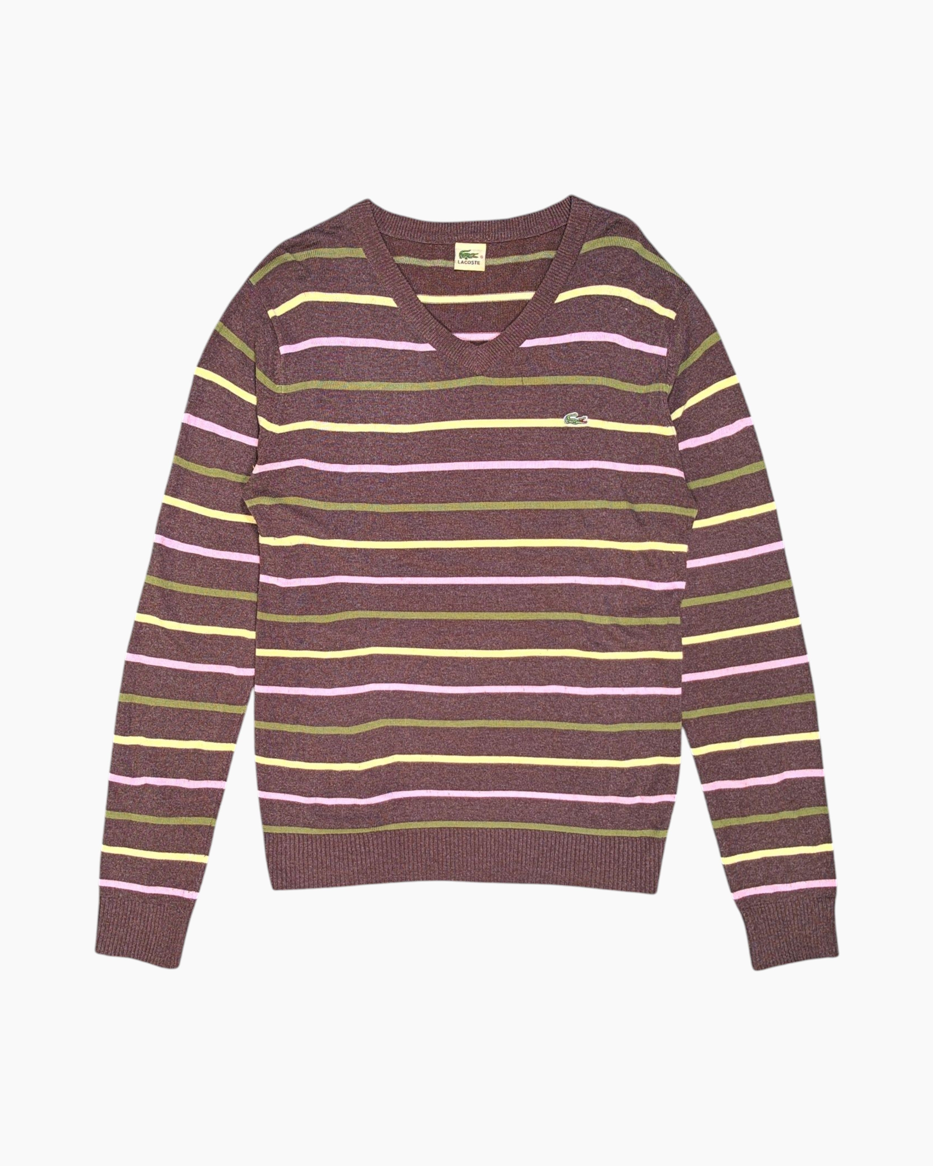 Front Vintage Y2K LACOSTE Pullover Sweater – Brown Striped V-neck