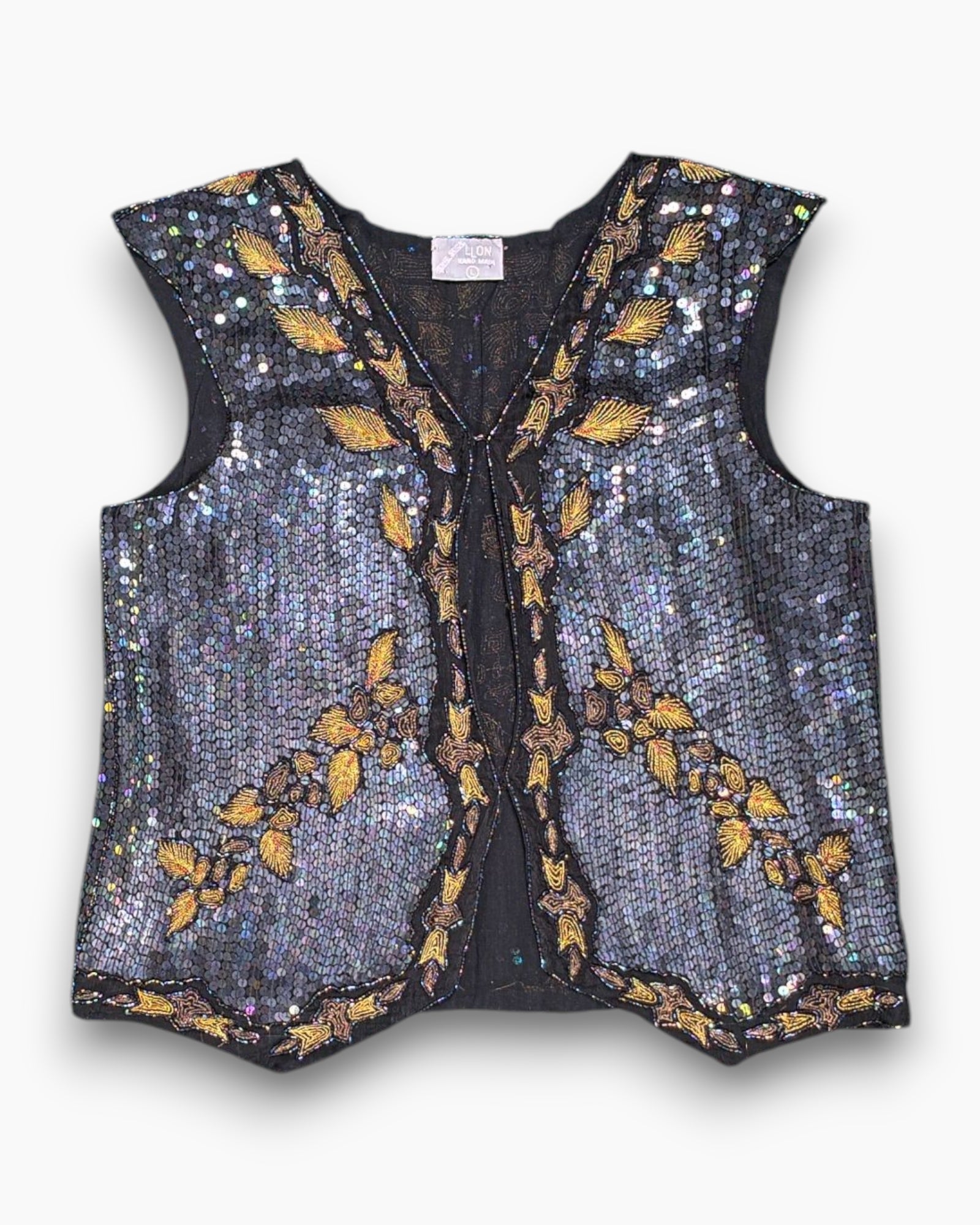 Front Vintage 80s/90s LLON Embellished Sequin Top – Black Beaded Party Shell