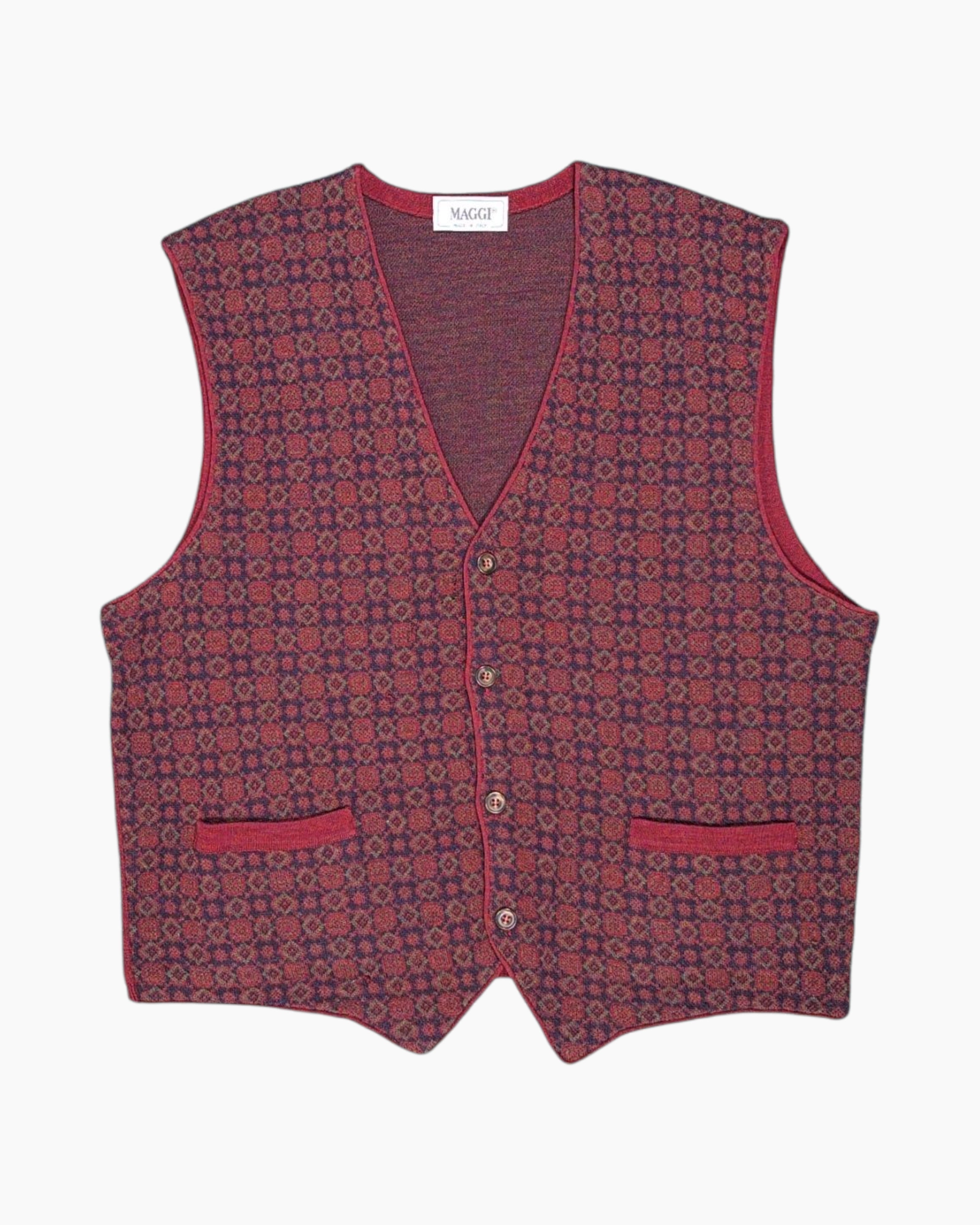 Front Vintage 80s/90s MAGGI Button-Front Vest – Red Multicolor Jacquard