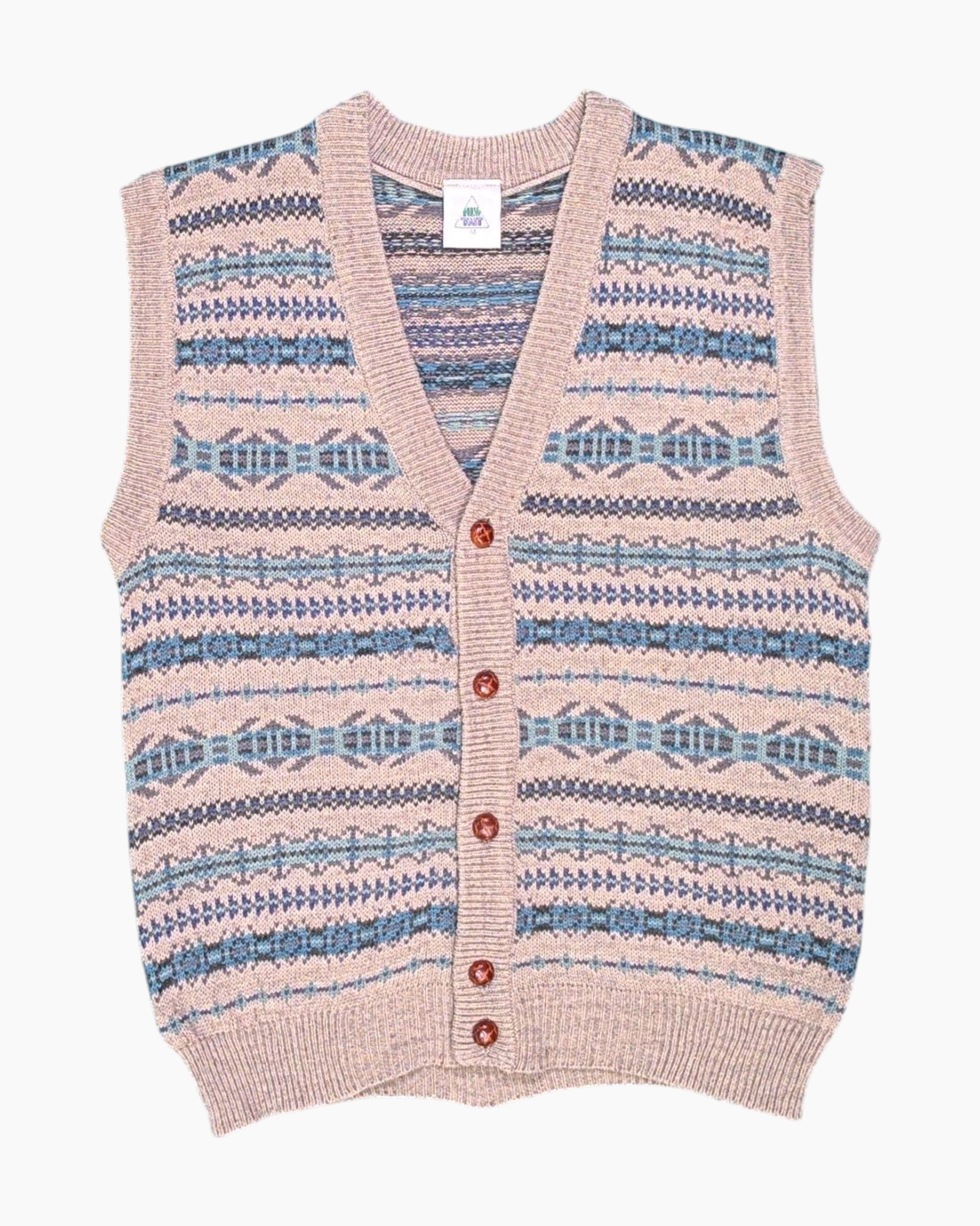 Front Vintage 80s/90s NEW FAST Button-up Knit Vest – Beige Geometric Knit