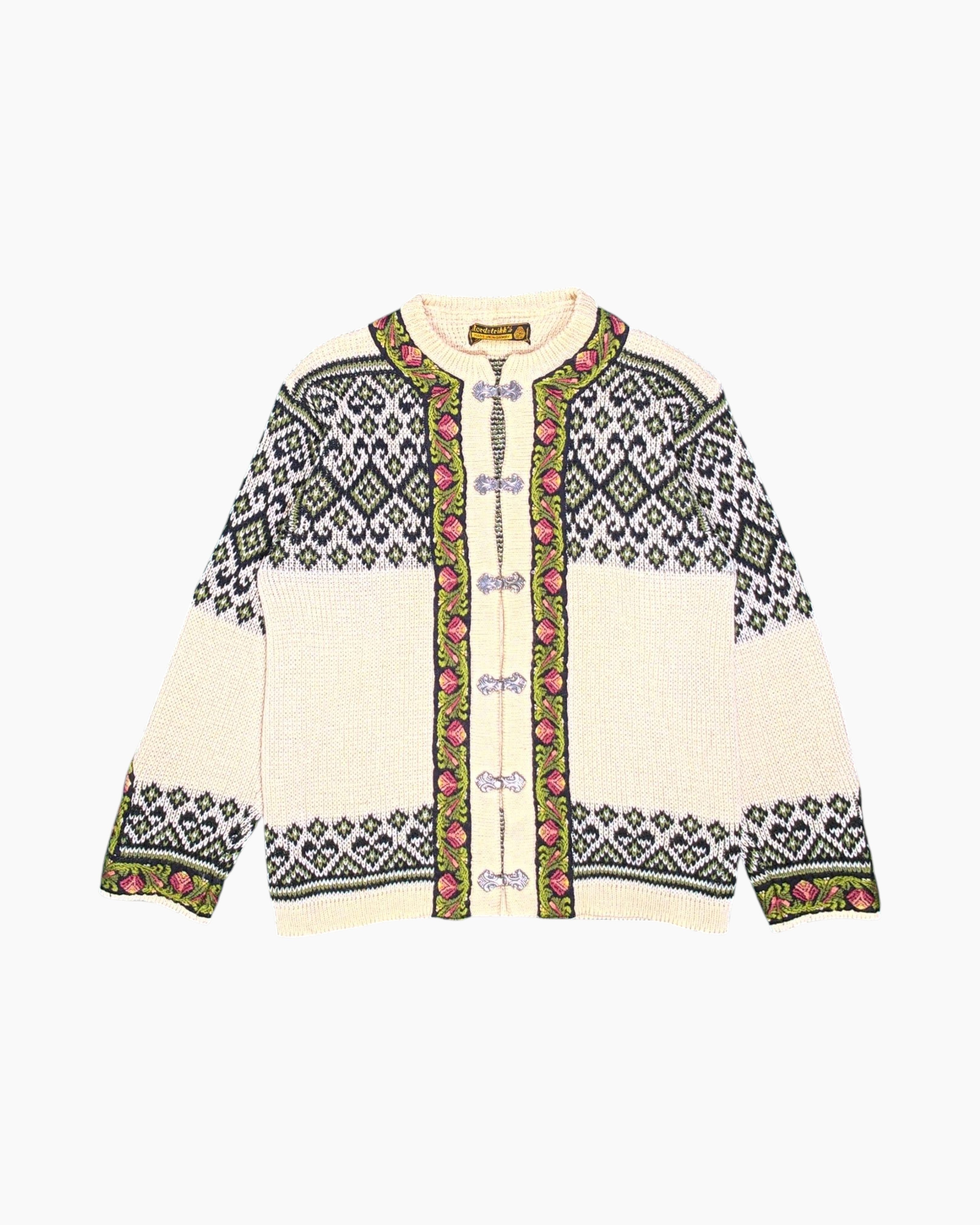 Front Vintage 80s/90s Nords-Trikk Cardigan – Cream pewter clasp