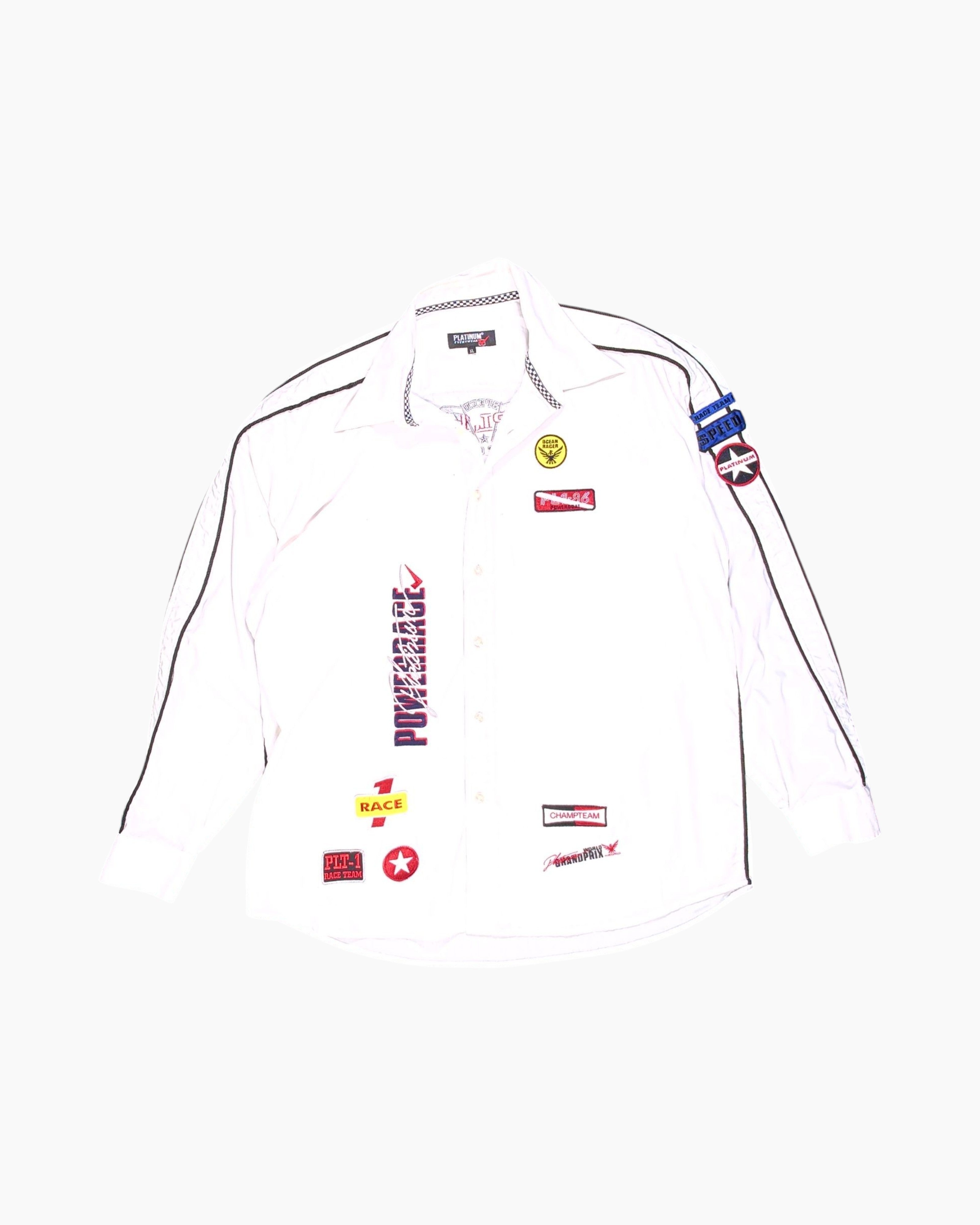 Front Vintage 90s/2000s PLATINUM EVERYWEAR Button-Down Shirt – White Racing Patches