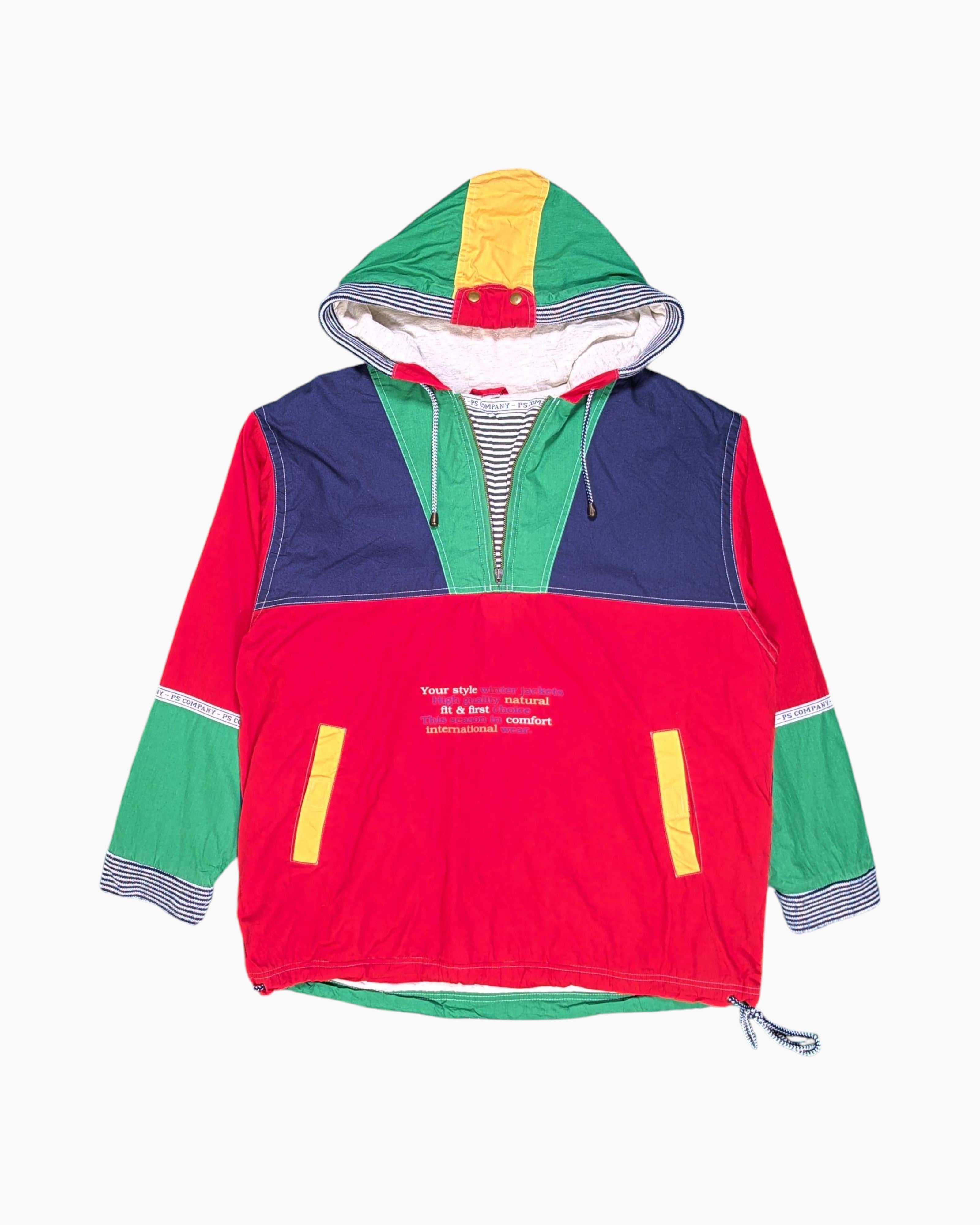 Front Vintage 80s/90s PS Company Hooded Windbreaker Jacket – Multicolor Colorblock