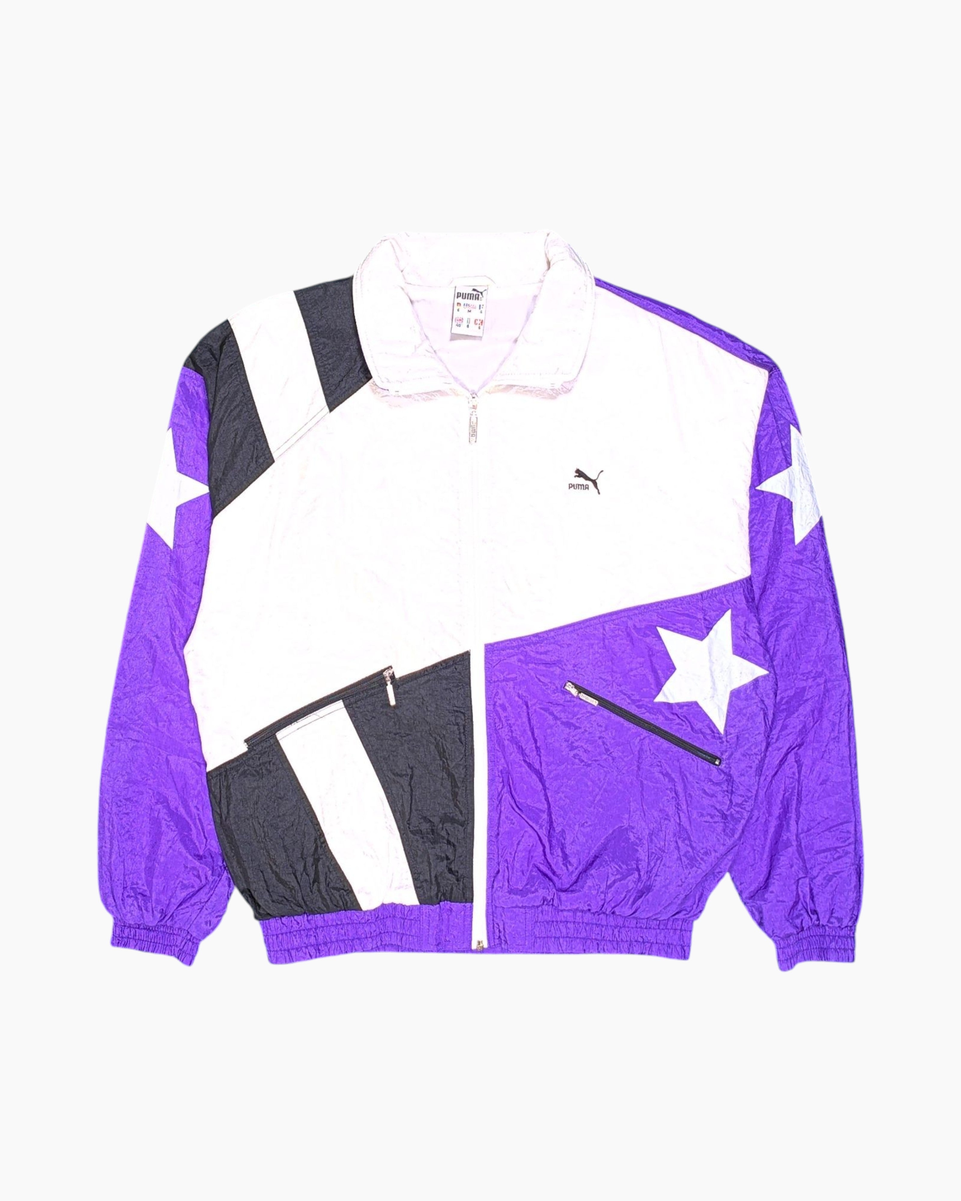 Front Vintage 80s/90s PUMA Windbreaker Jacket – Purple Colorblock Star Appliqué