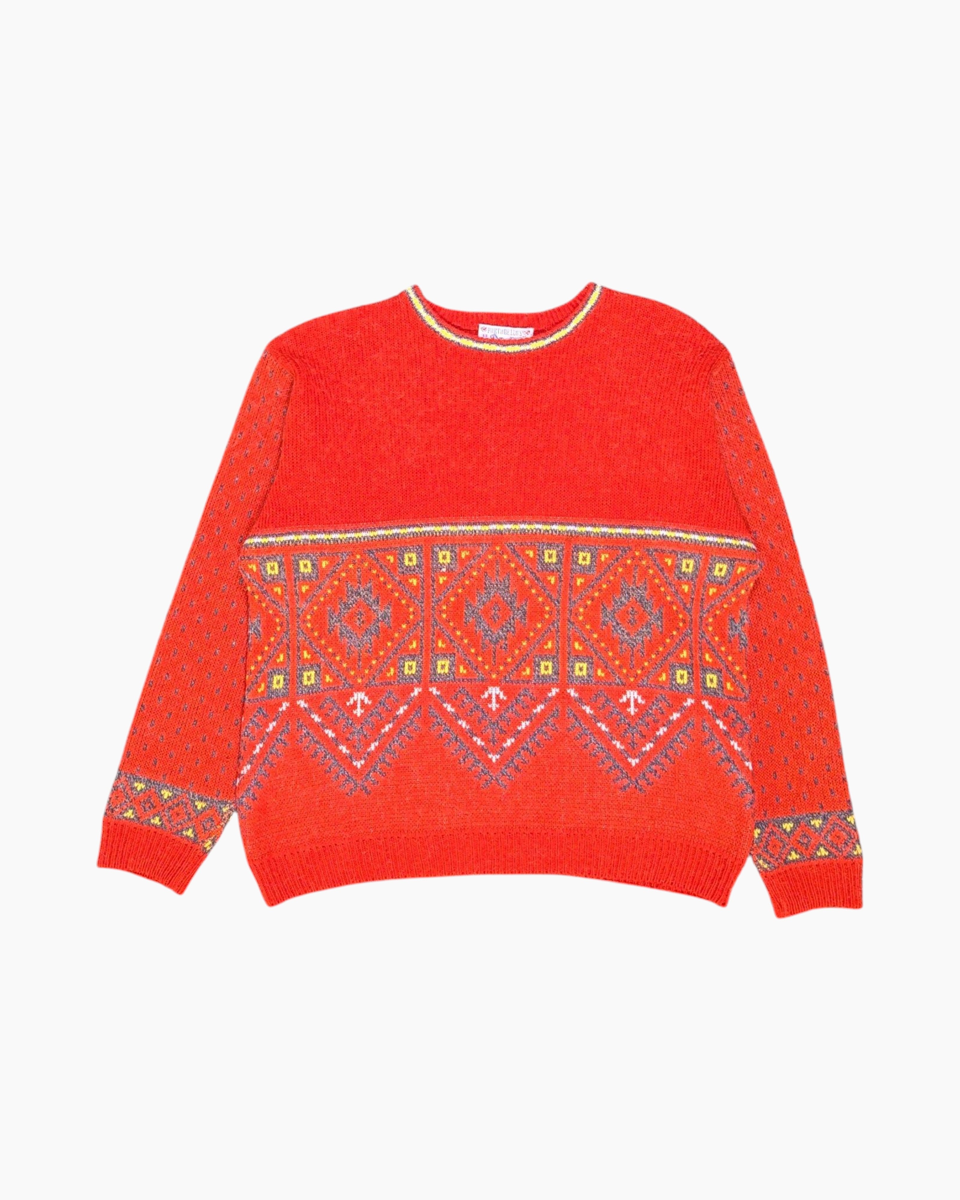 Front Vintage 80s/90s PURITORELLO'S Pullover Sweater – Red Intarsia Geometric