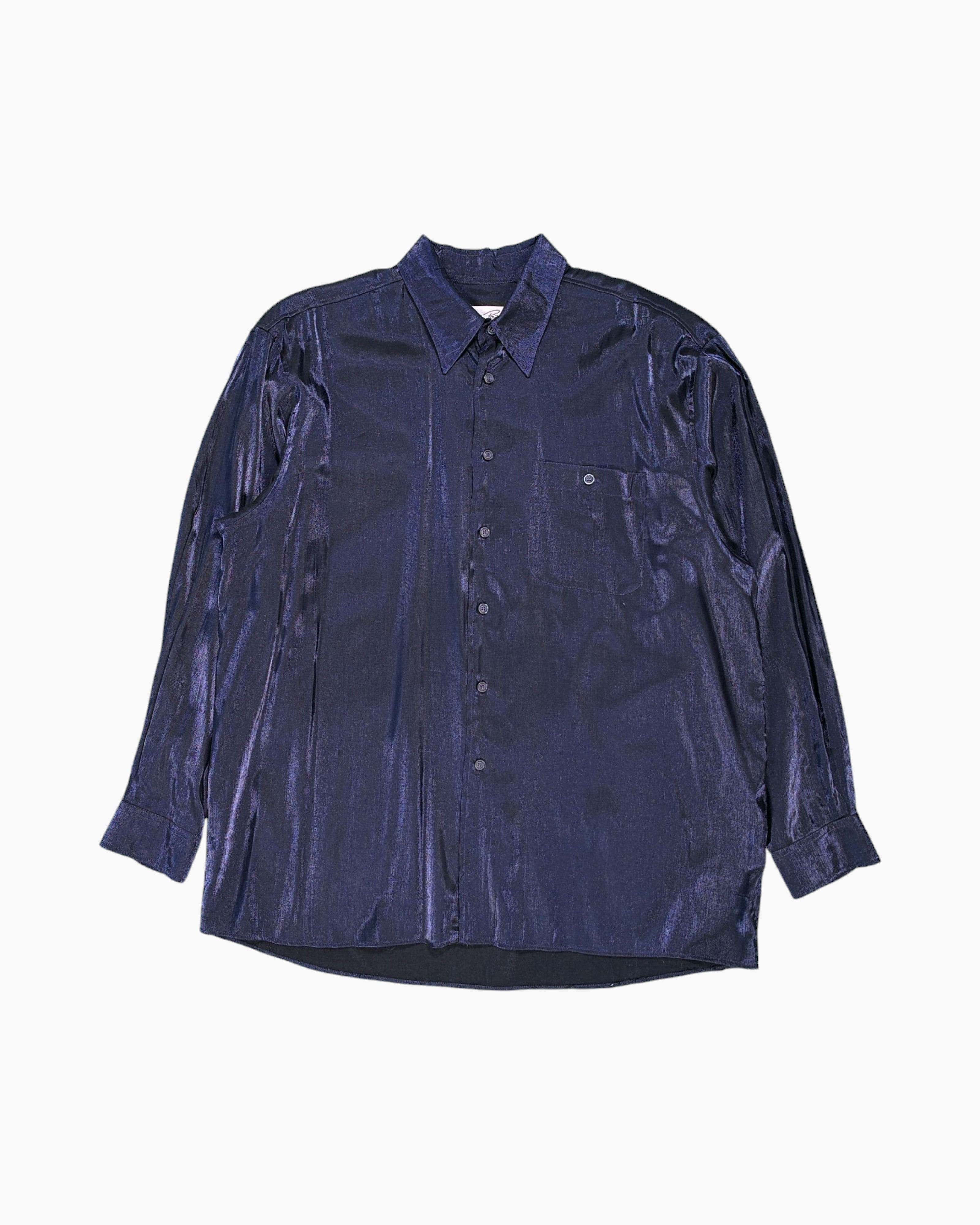 Front Vintage 80s/90s Sandro Pozzi Button-Down Shirt – Navy Satin Sheen