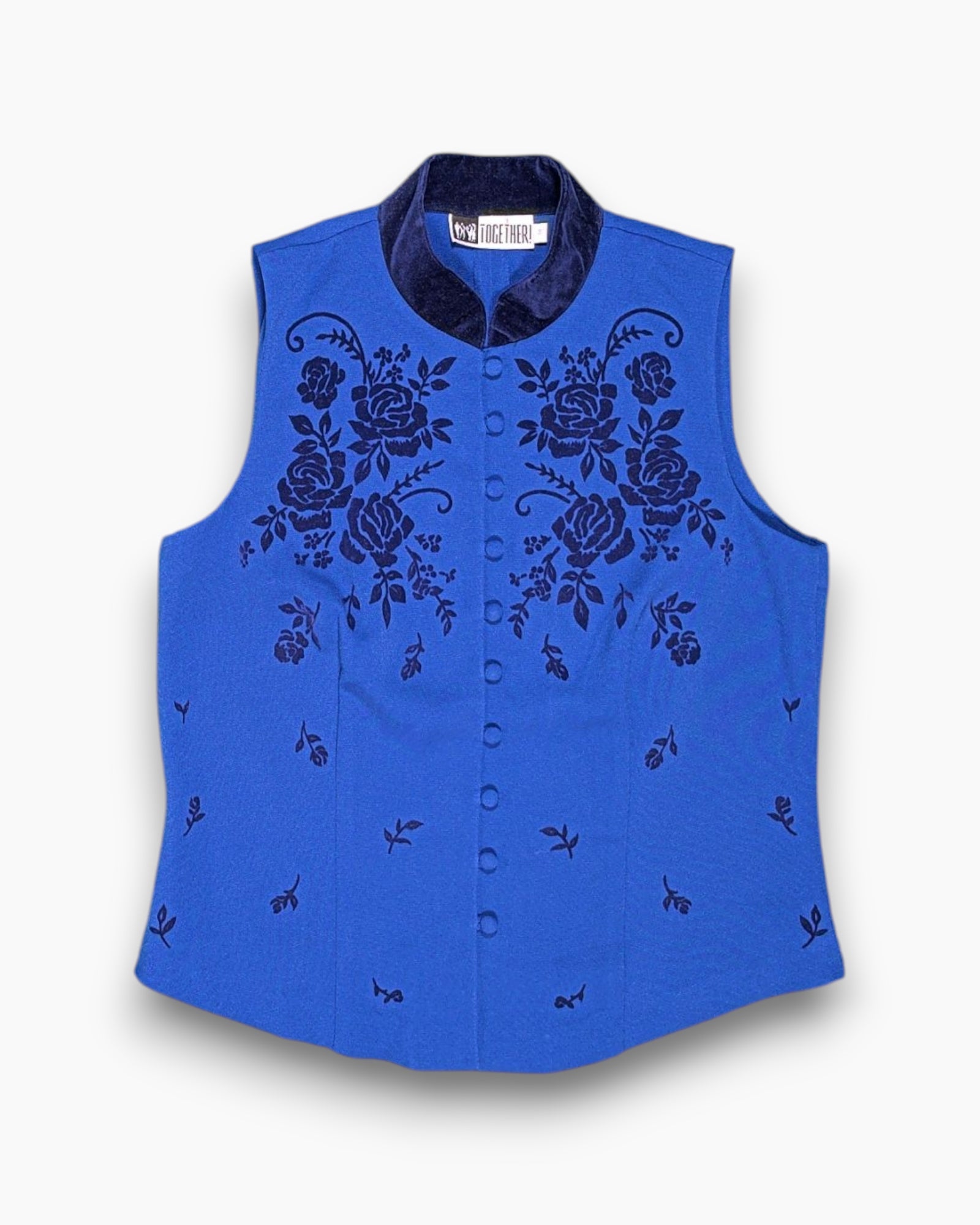 Front Vintage 90s TOGETHER! Sleeveless Blouse – Blue Floral Flocked Velvet Collar
