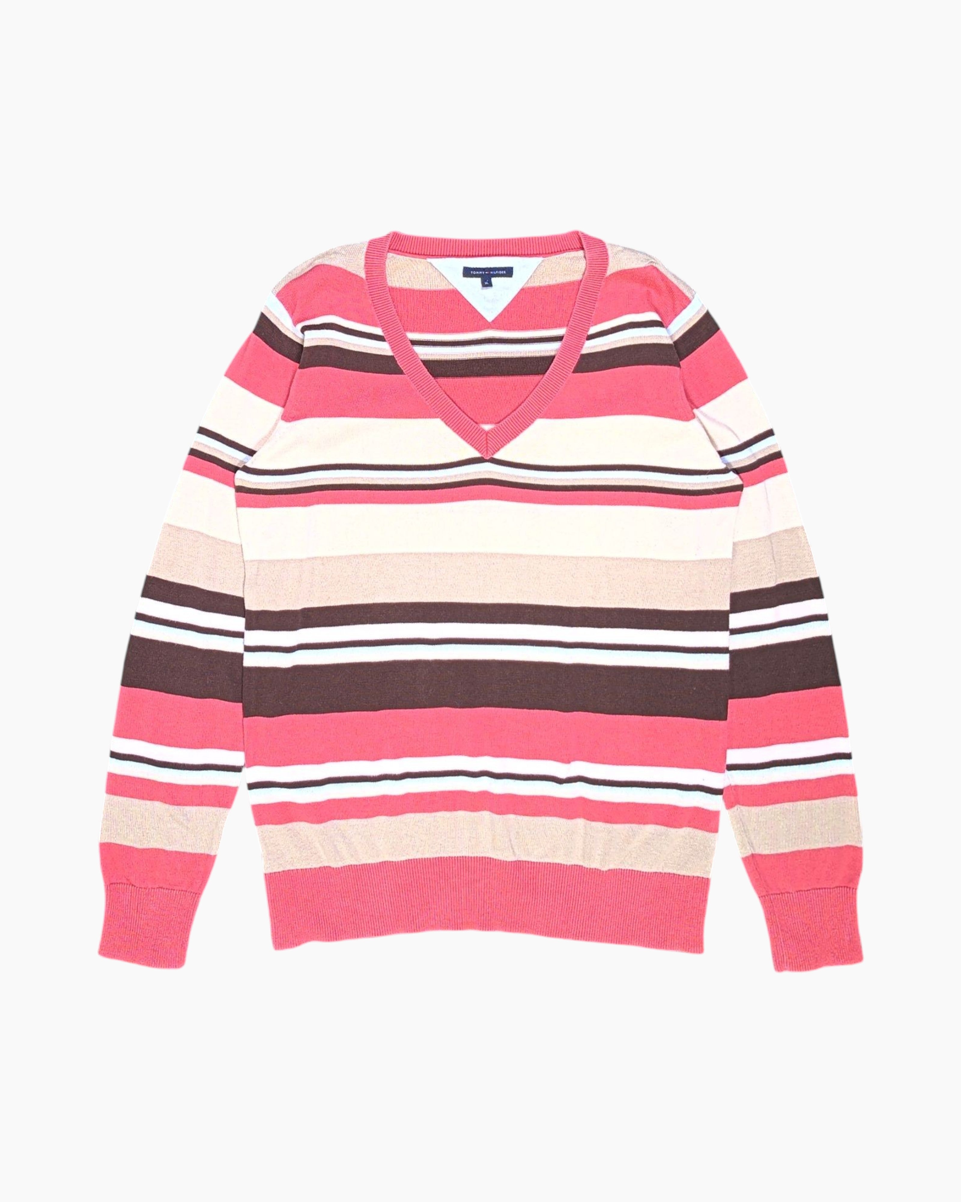Front Pre-owned TOMMY HILFIGER Pullover Sweater – Multicolor Striped V-neck