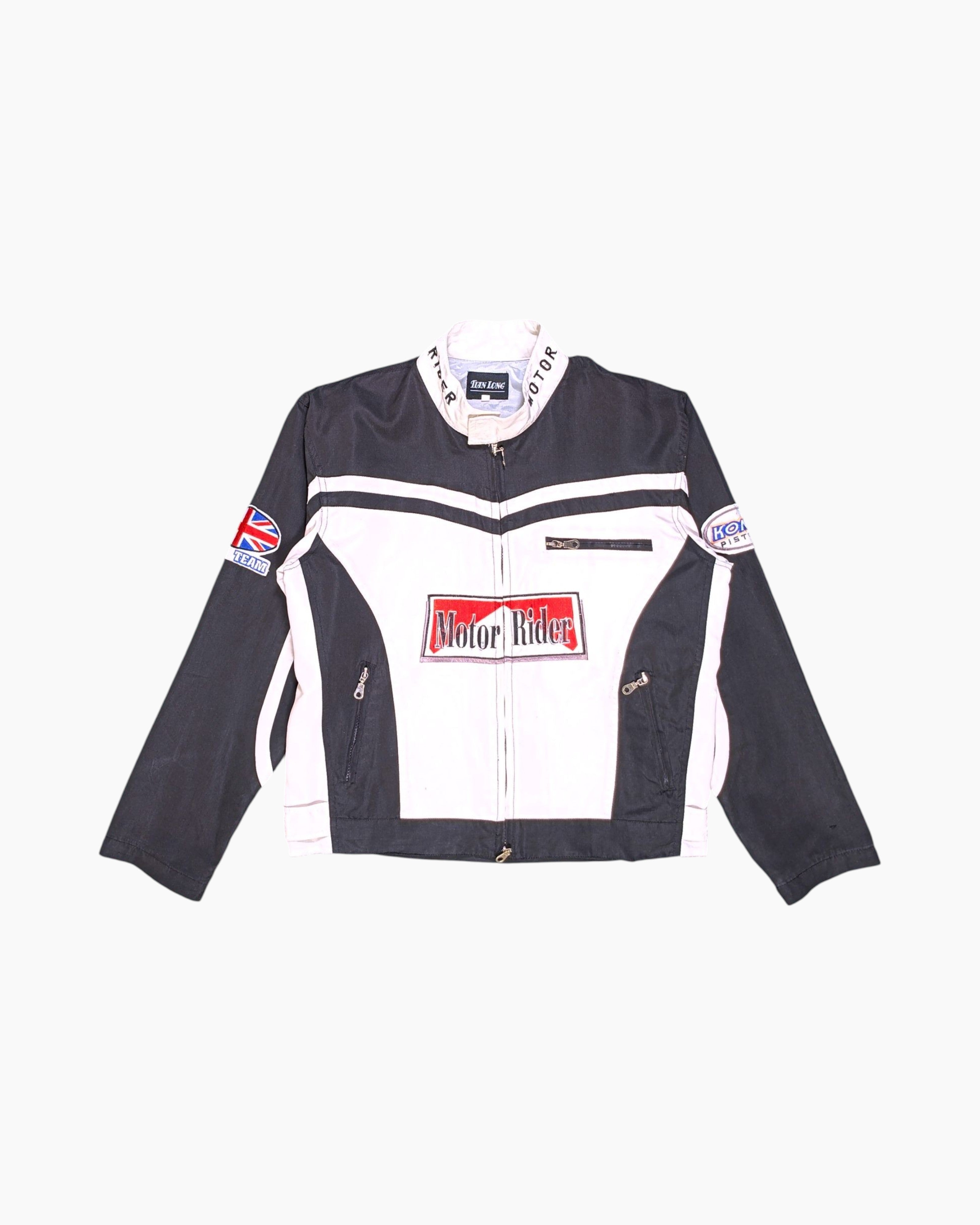 Front Vintage Y2K TONINGTON Motorcycle Jacket – Multicolor Racing Patches