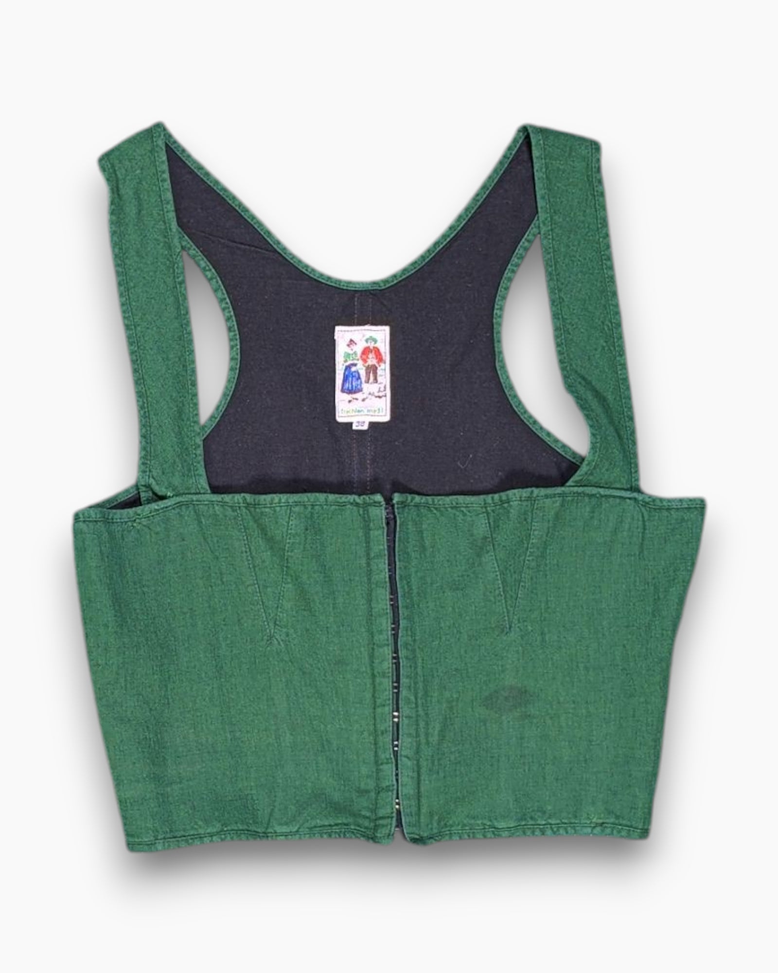 Front Vintage 70s/80s trachten-madl Crop Top – Green Zip-Front Bodice