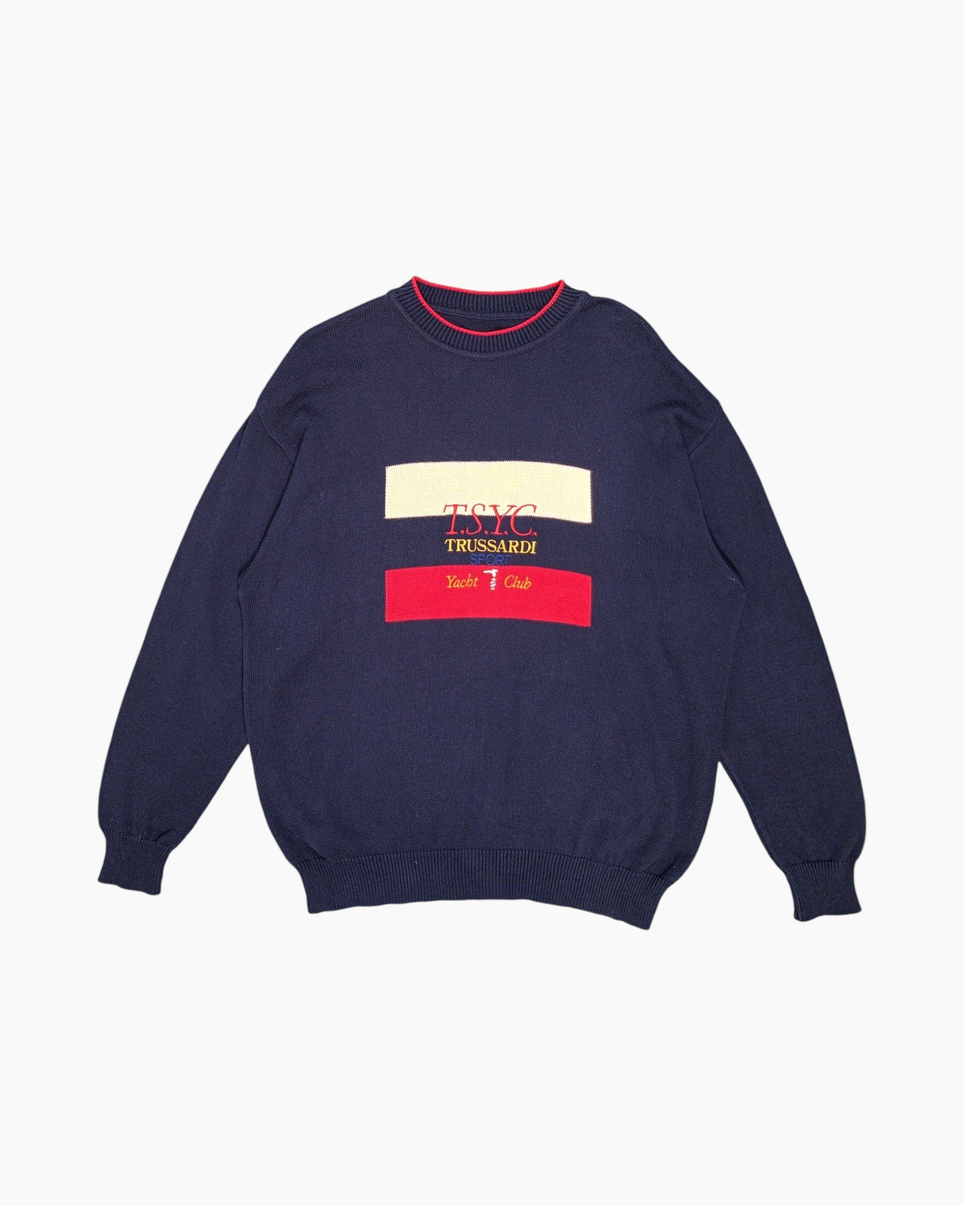 Front Vintage 90s Trussardi Pullover Sweater – Navy with Nautical Embroidery