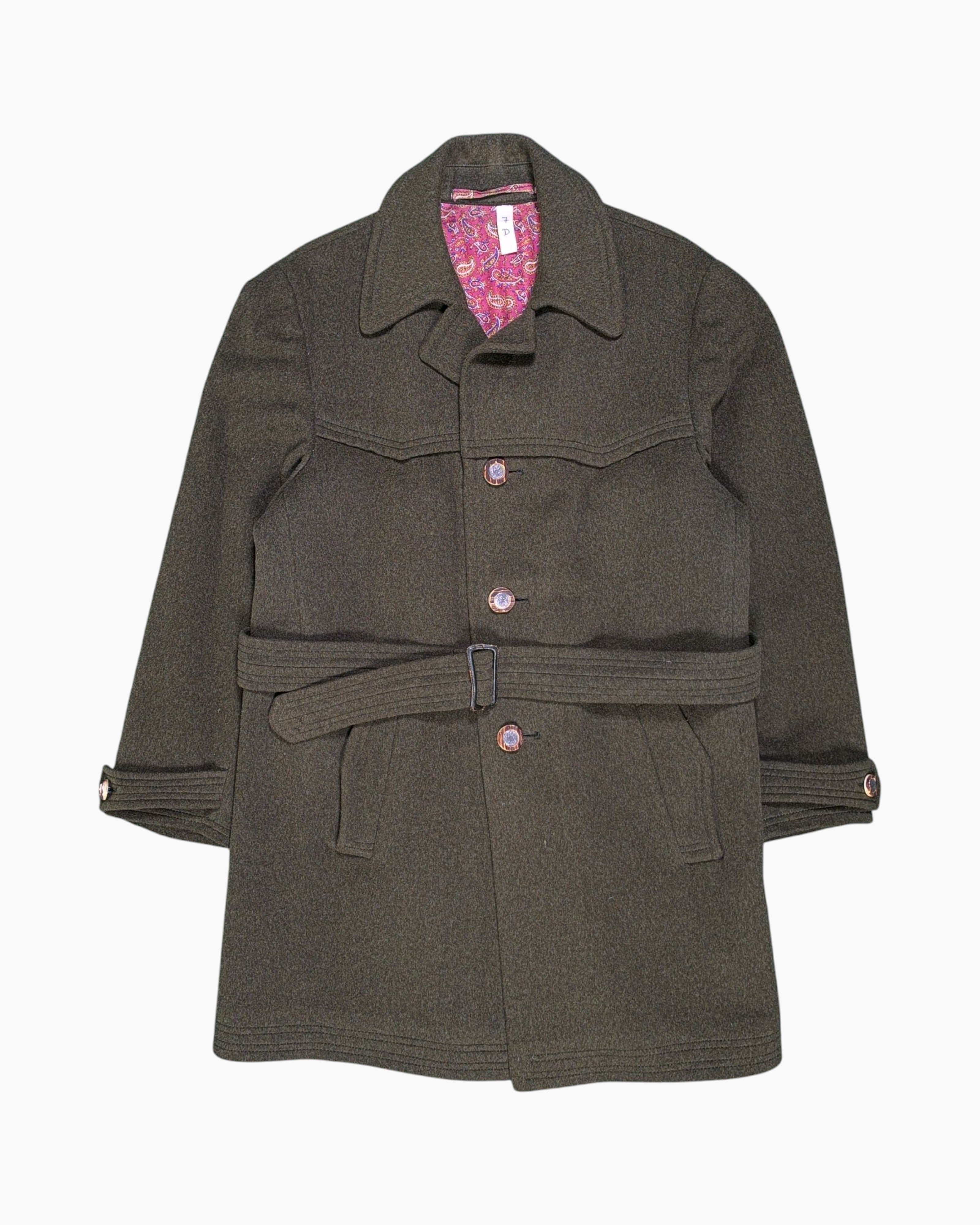 Front Vintage 60s/70s Unknown Belted Coat – Olive Green with Paisley Cuff