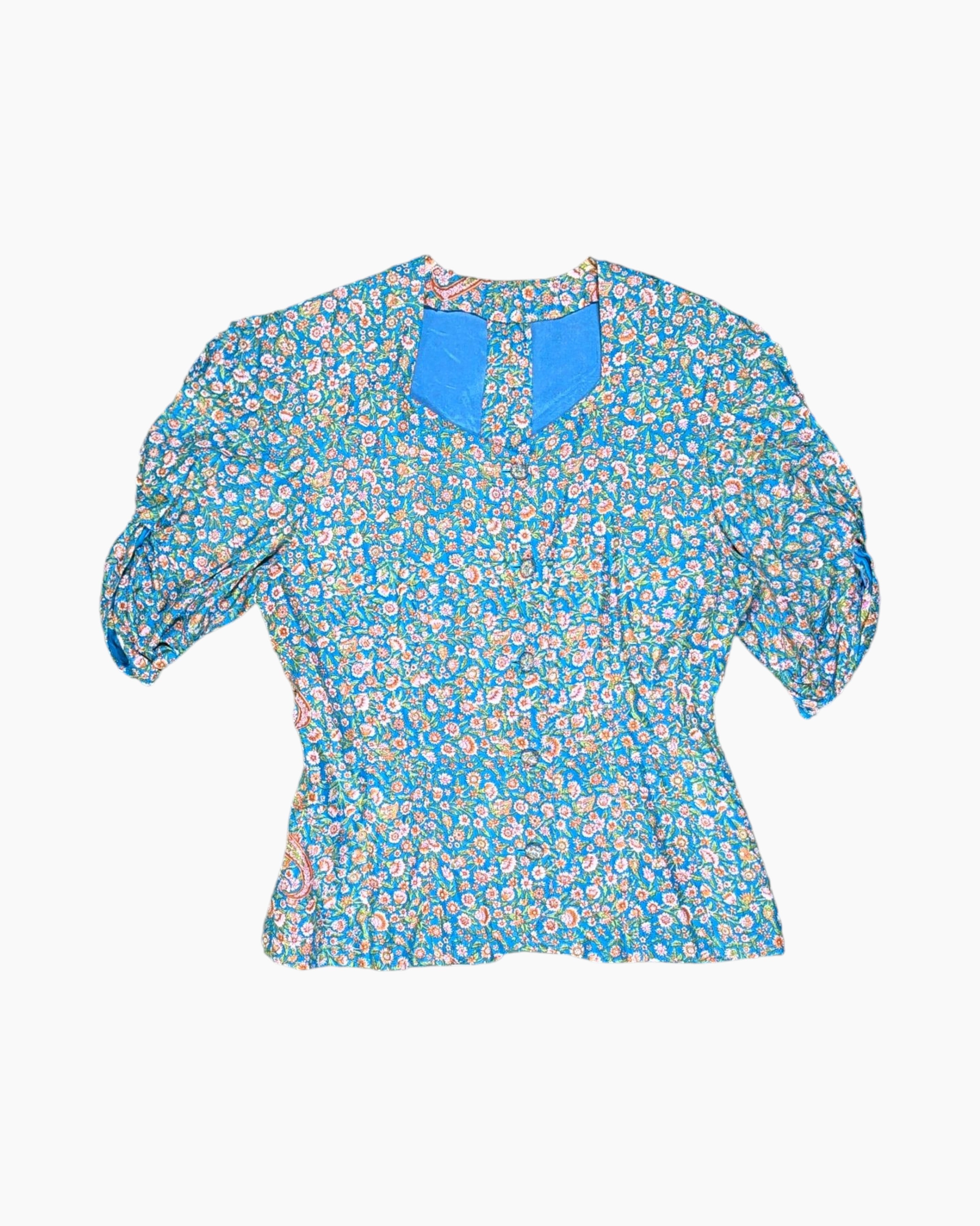 Front Vintage 70s Unknown Blouse – Turquoise Floral Ditsy (Preloved)
