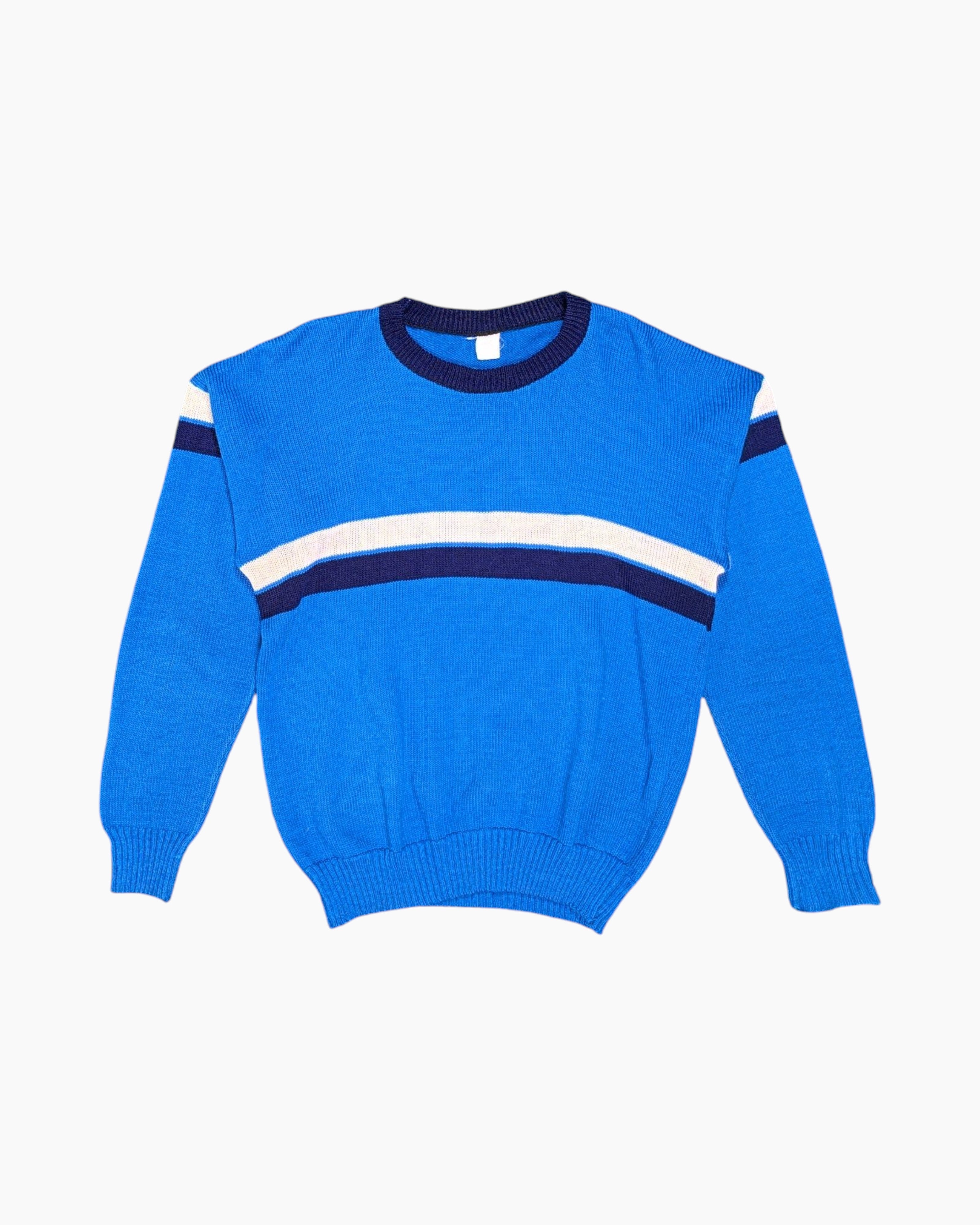 Front Vintage 70s/80s Unknown Pullover Sweater – Cobalt Blue Varsity Stripes