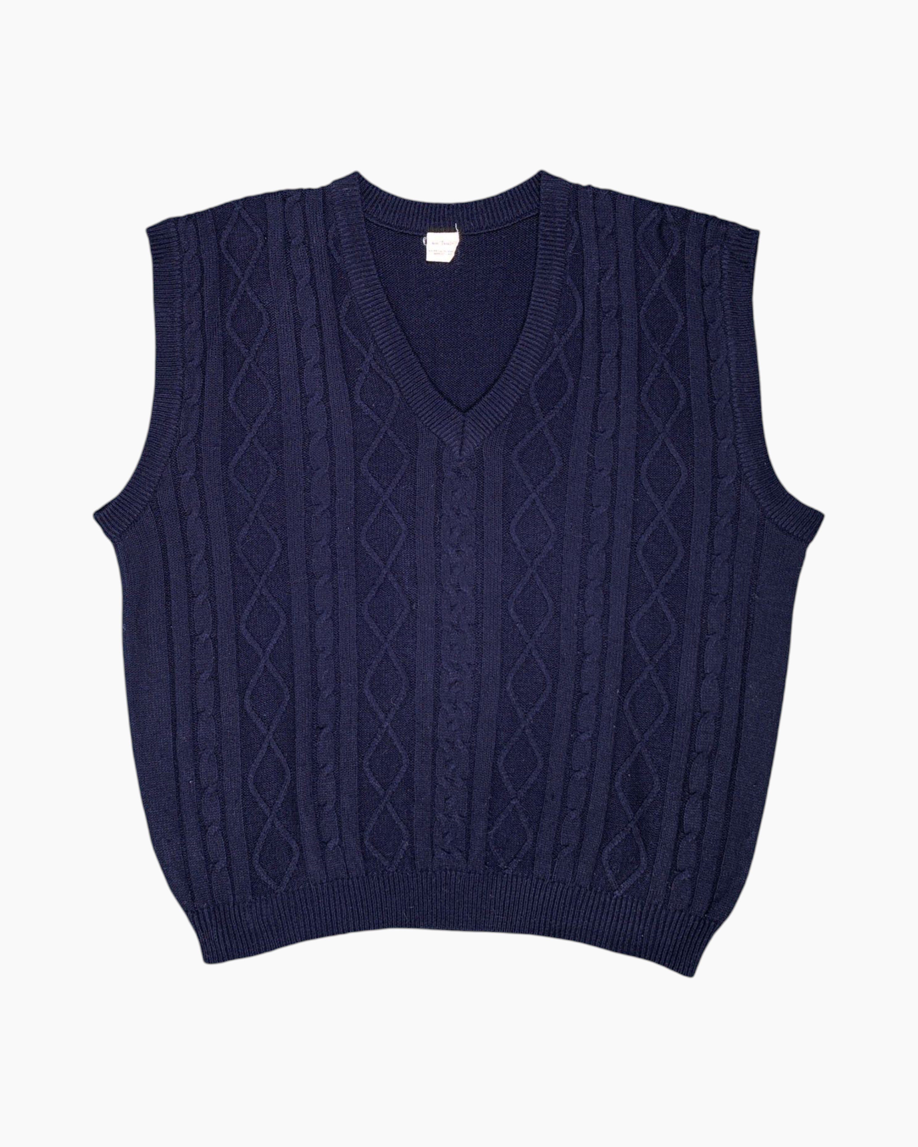 Front Vintage 80s/90s Unknown Sleeveless Sweater Vest – Navy V‑Neck