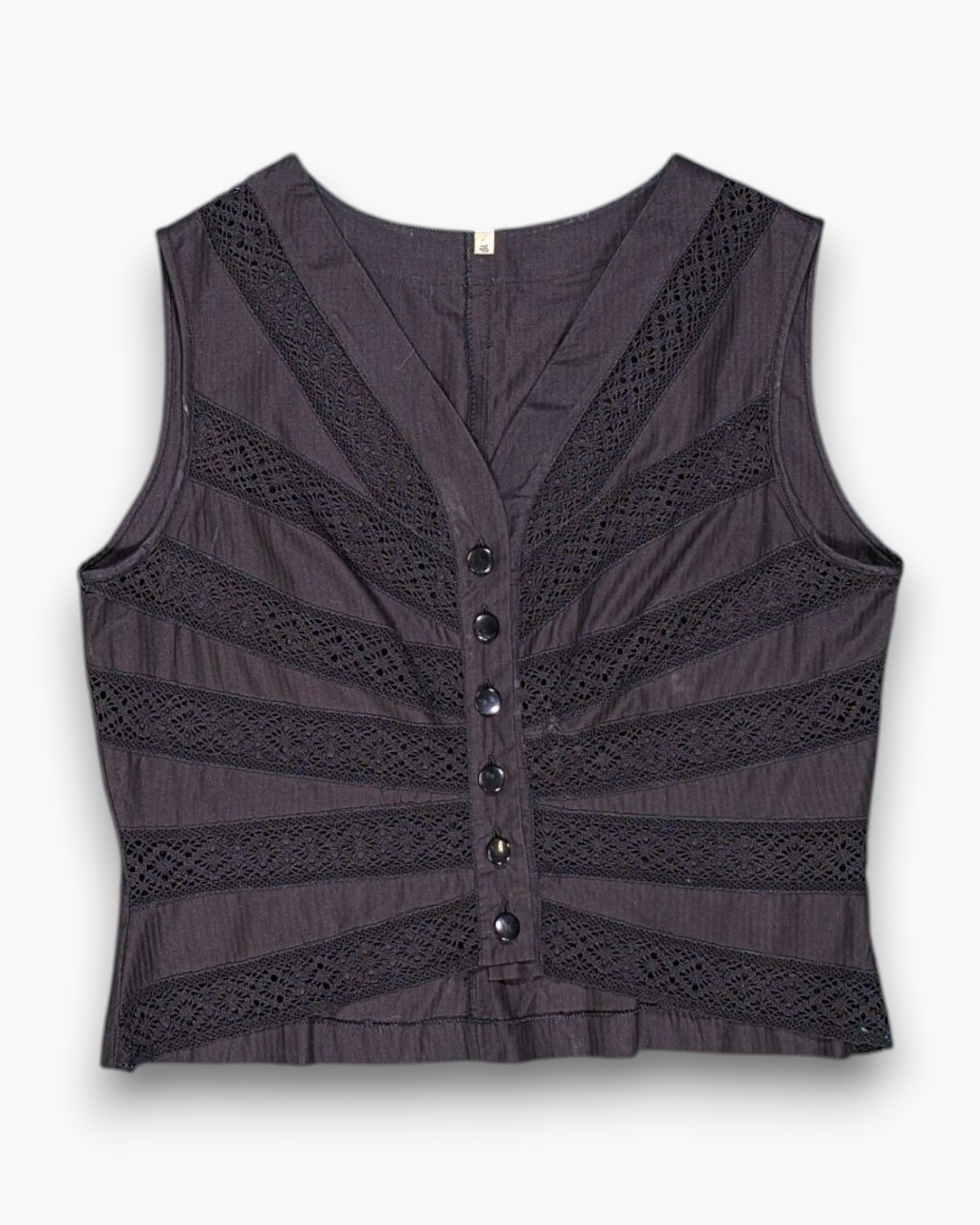 Front Vintage 70s Unknown Sleeveless Top – Black Lace Panel Tank