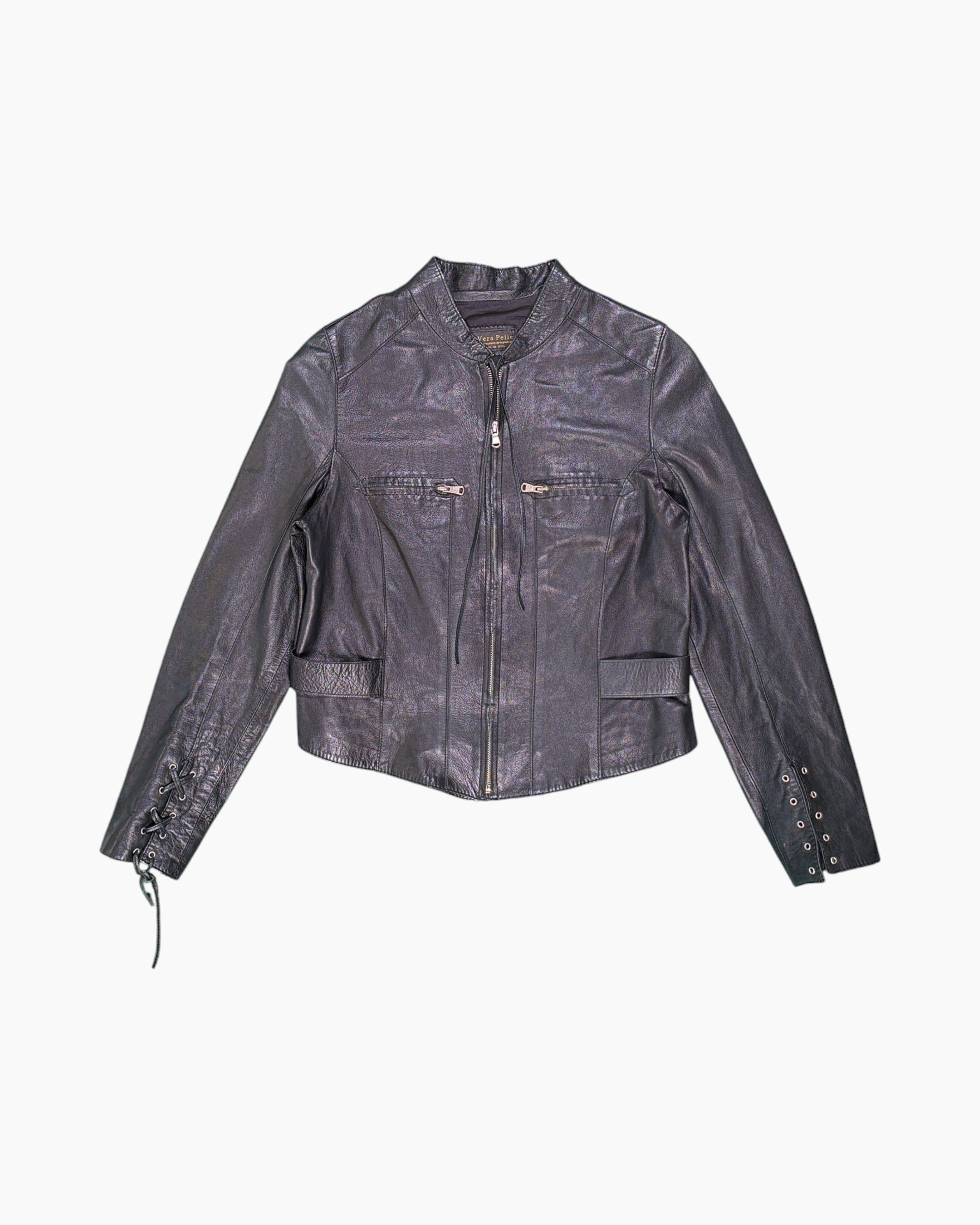 Front Vintage 80s Vera Pelle Leather Jacket – Black Lace-up Sleeve