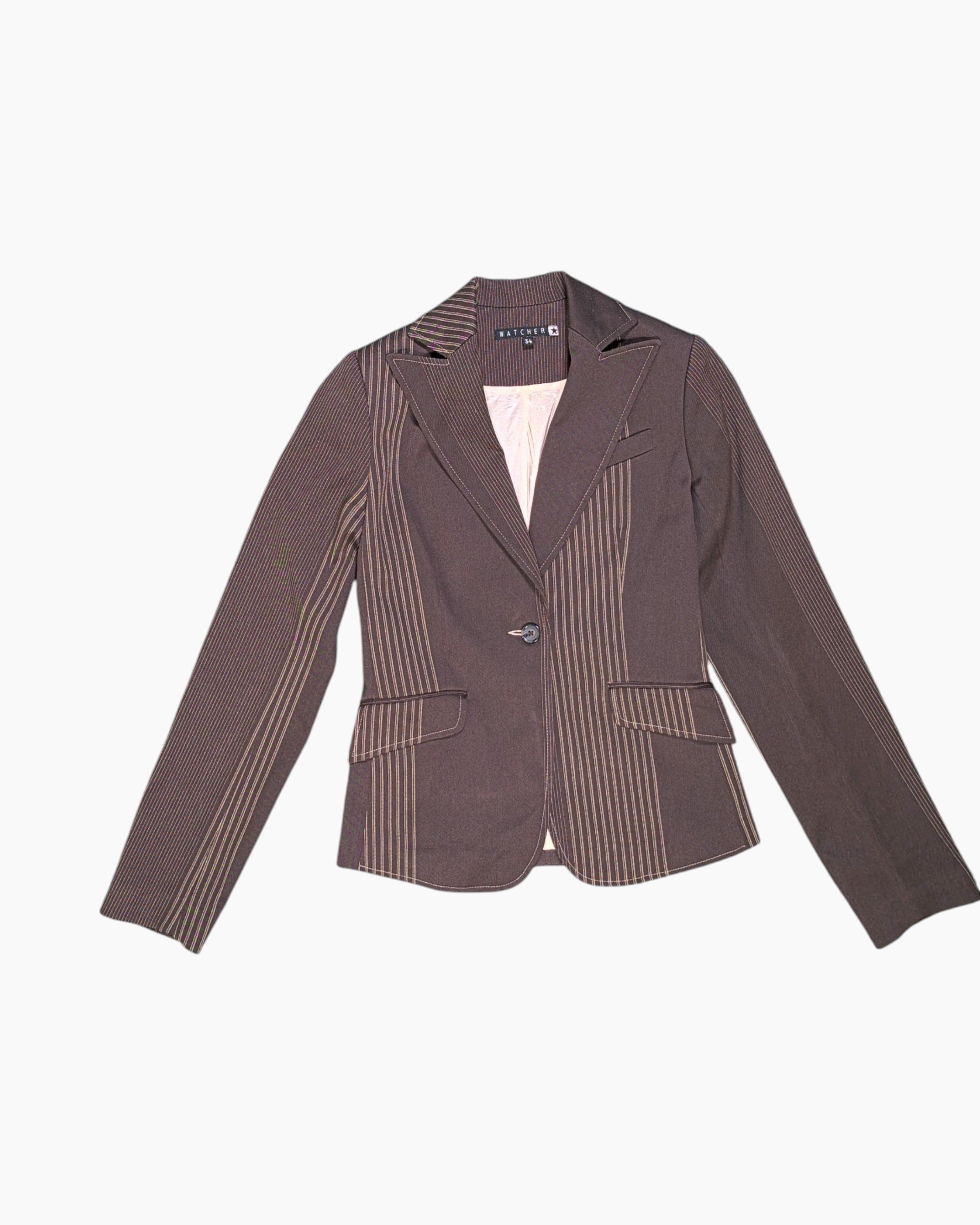 Front Vintage Y2K WATCHER Blazer – Brown Pinstripe (Preloved)